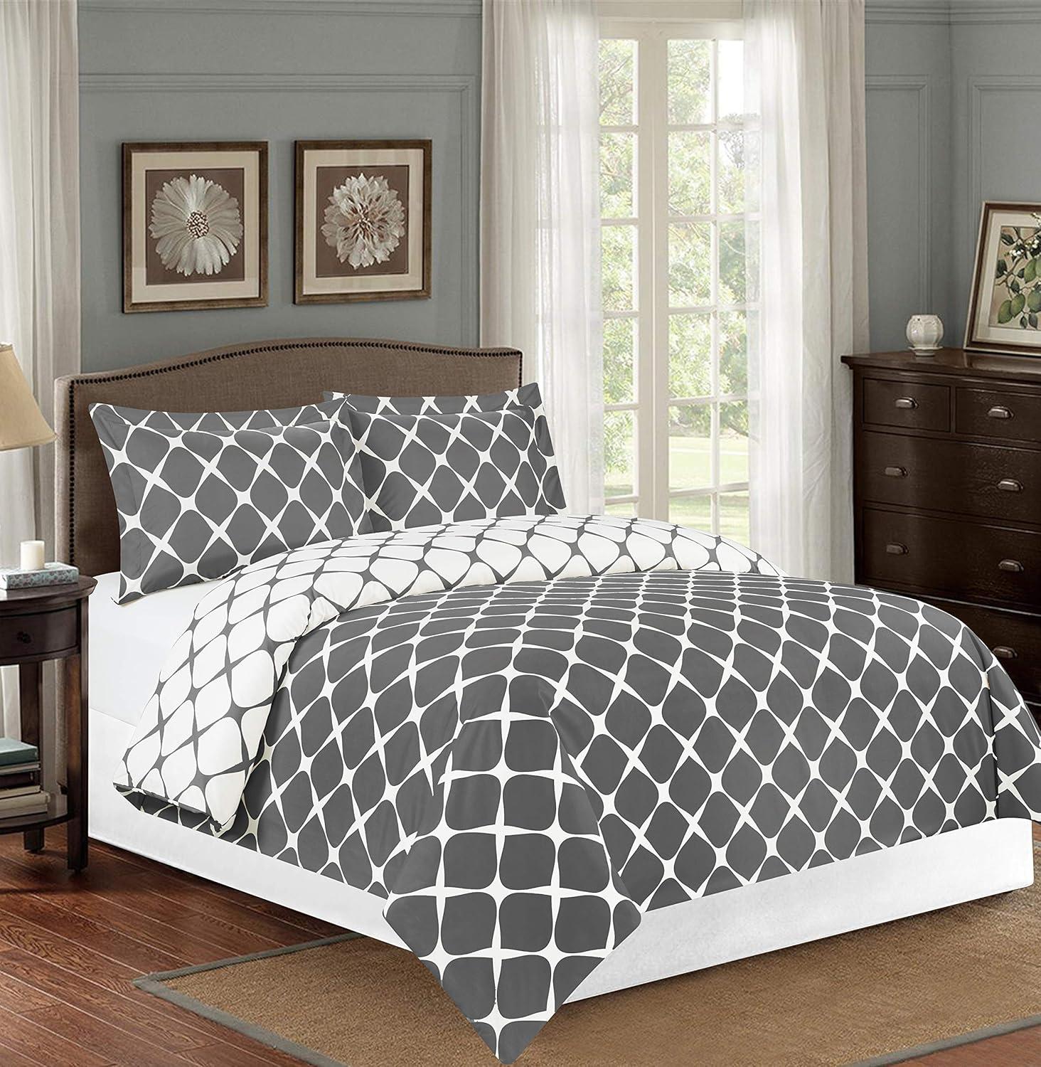 Gray and White Microfiber Full/Queen Duvet Cover Set