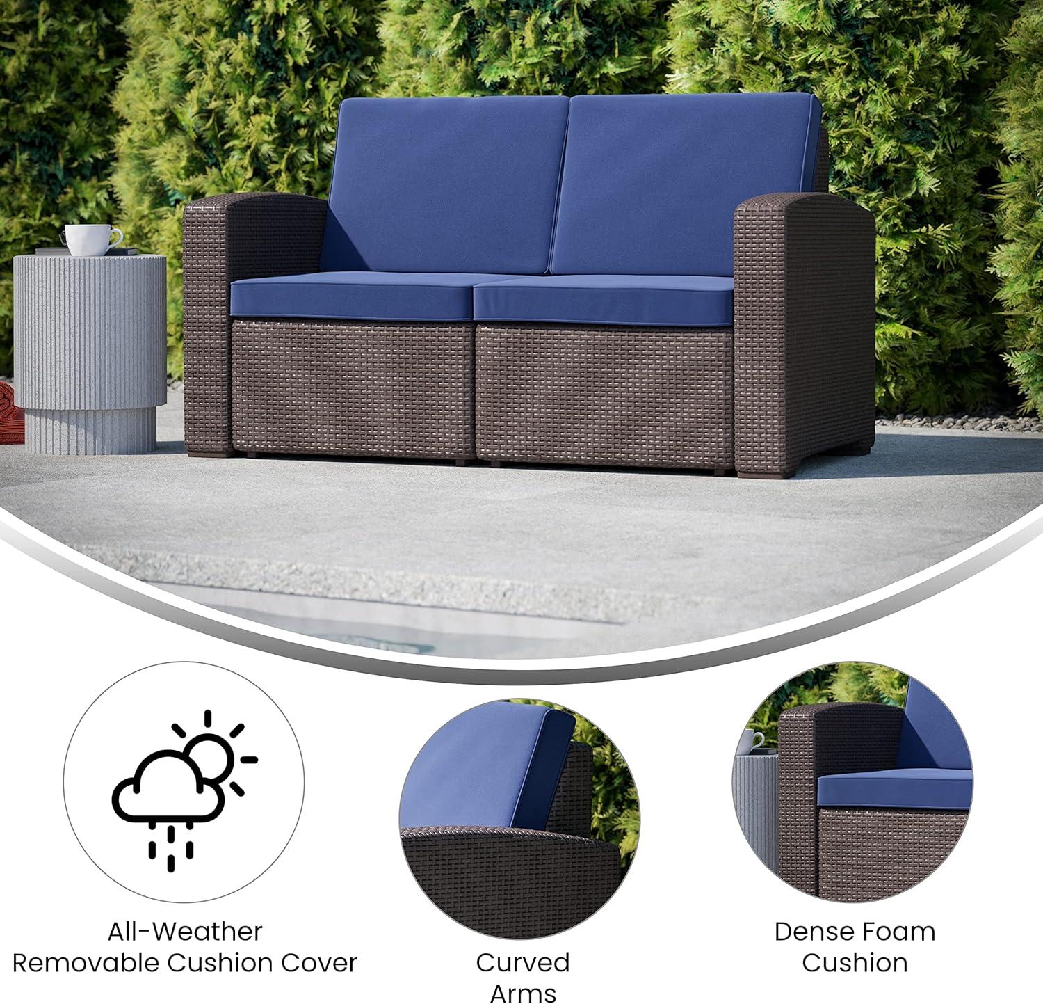 Flash Furniture Seneca Faux Rattan Loveseat with All-Weather Cushions