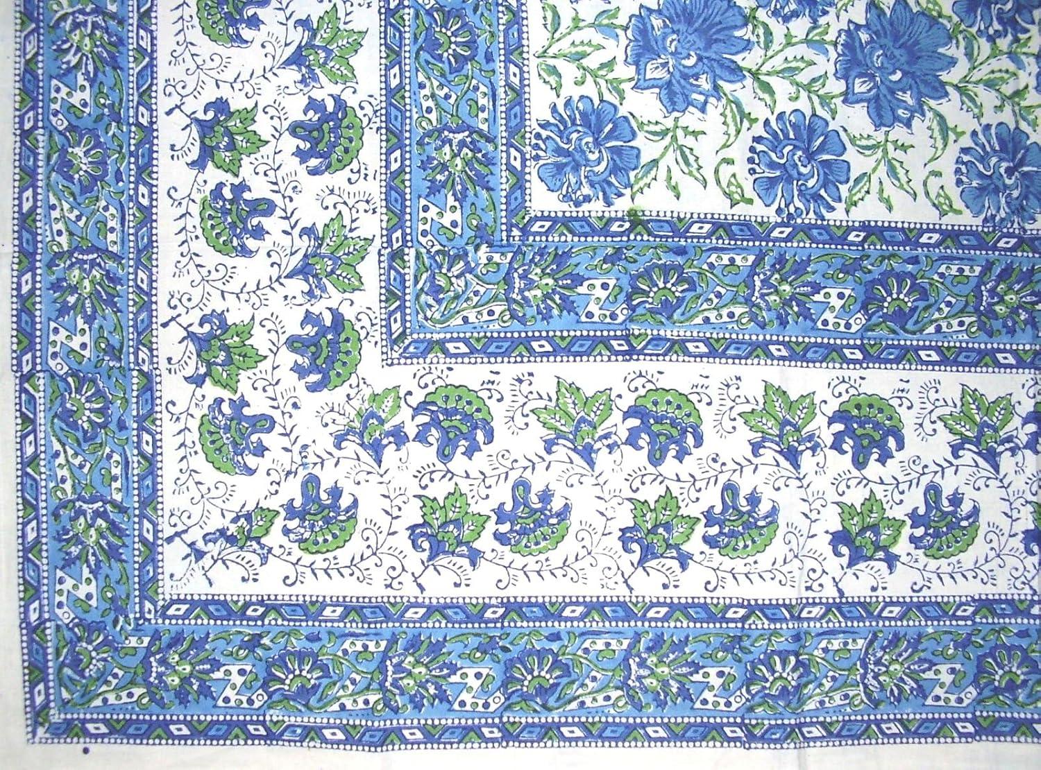 Blue and Green Lotus Flower Block Print Cotton Square Tablecloth 60" x 60"