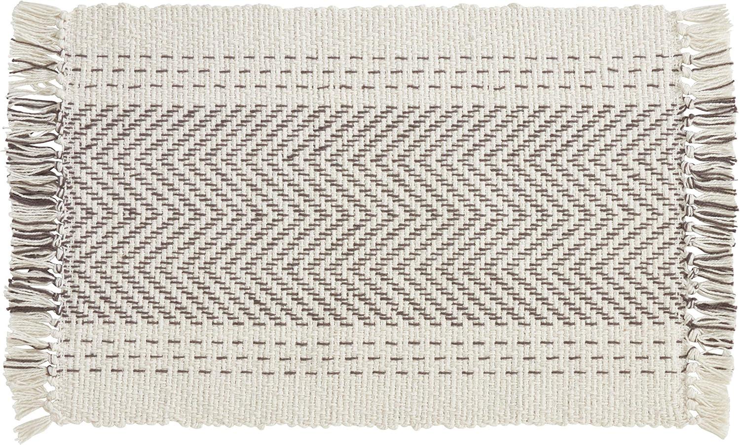 Gray Cotton Kantha Stitch Placemats with Fringe Edges, Set of 4