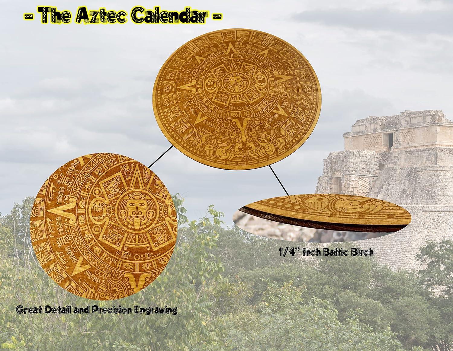 Urbalabs Wood Aztec Calendar Wall Decor 12" Inch Wall Hanging Mexico Aztec Calendar Mayan Calendar Cinco De Mayo Mexican Sun Azteca Calendario Laser Engraved Made In USA (12 Inch)