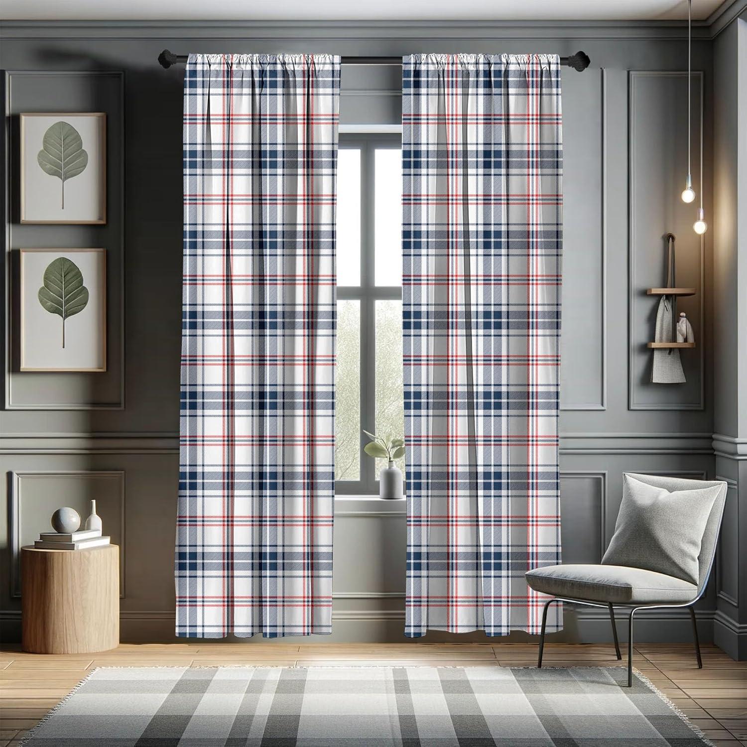 Ambesonne Plaid Curtains, British Country Pattern, Pair of 28"x84", Vermilion Navy Blue