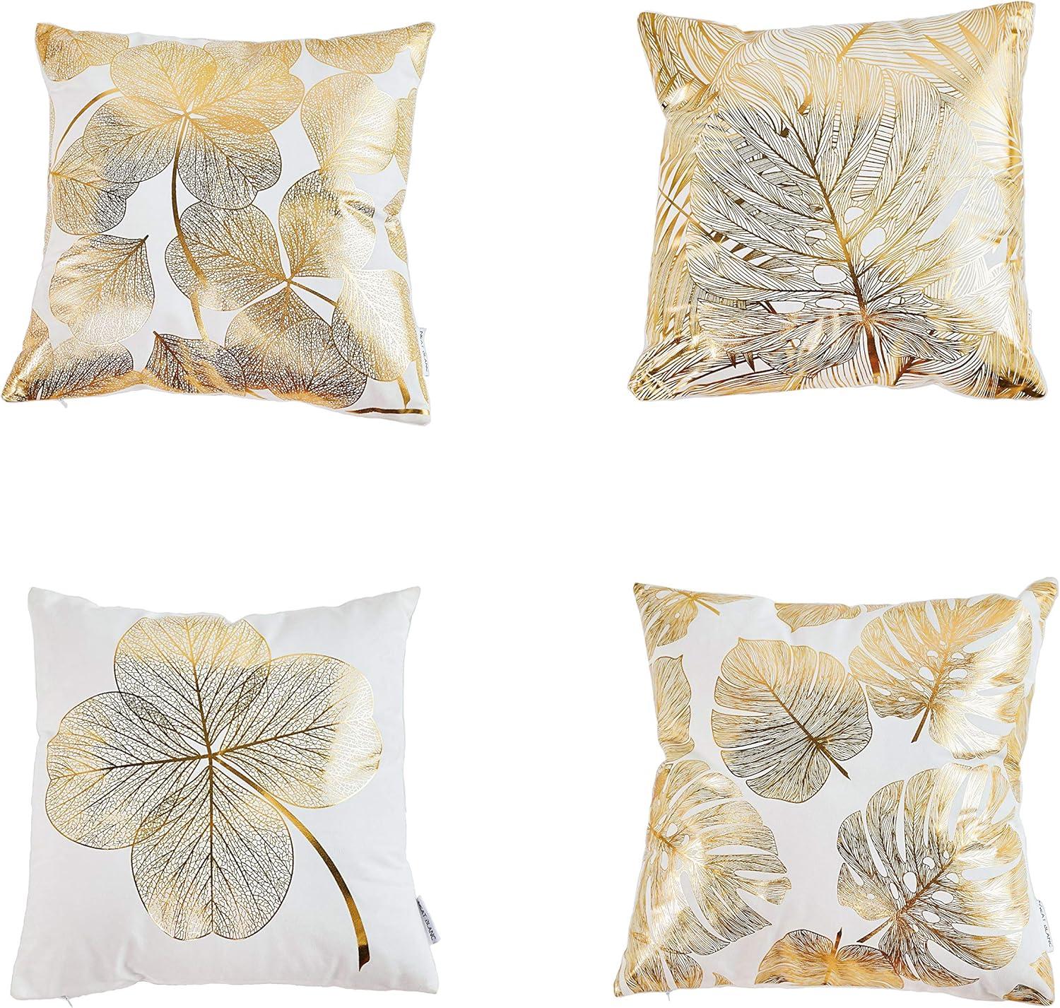 Gold Stamping Leaves Polyester Square Throw Pillow Covers, 18 x 18 Inches, Set of 4