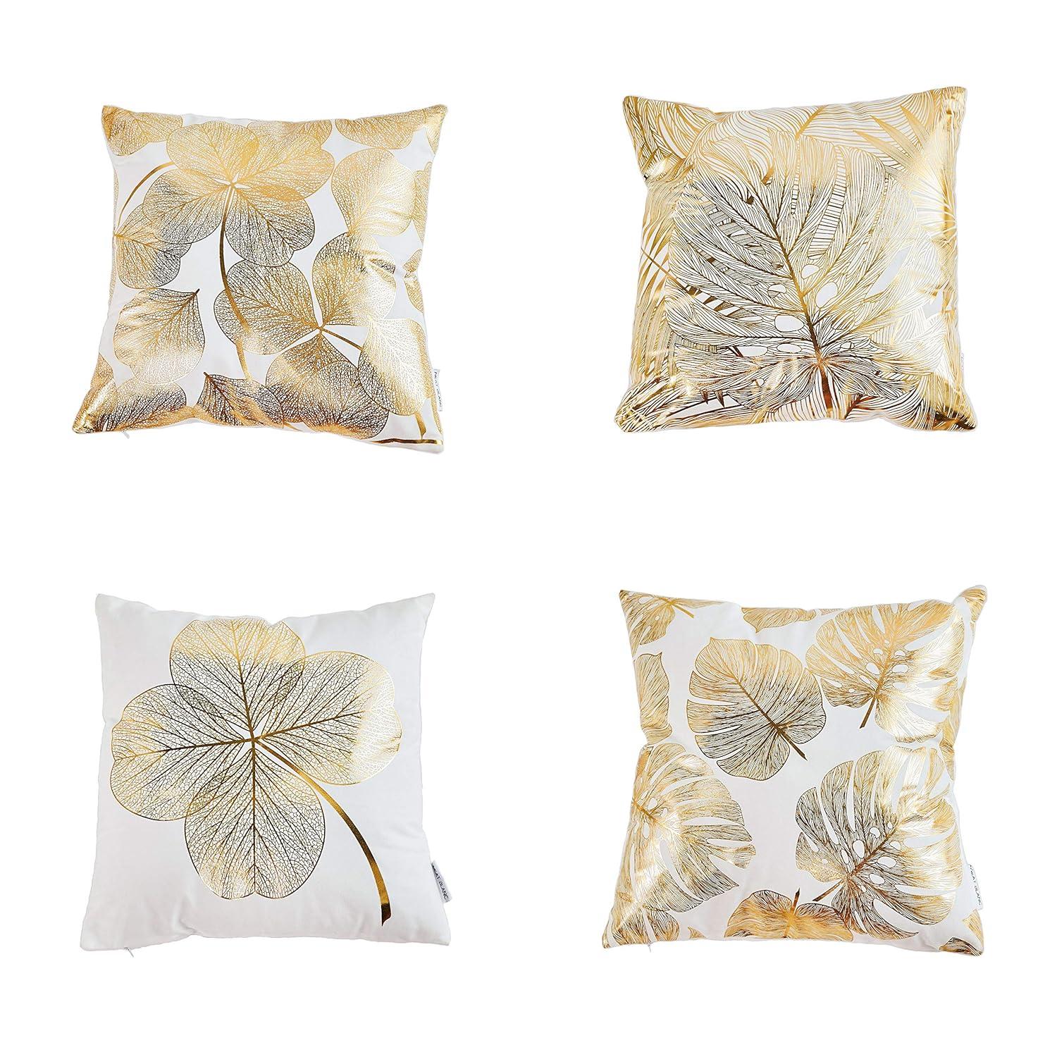 Pack of 4 Decorative Throw Pillow Case Cushion Cover Gold Stamping Leaves 18 x 18 inches 45 x 45 cm for Couch Bedroom Car