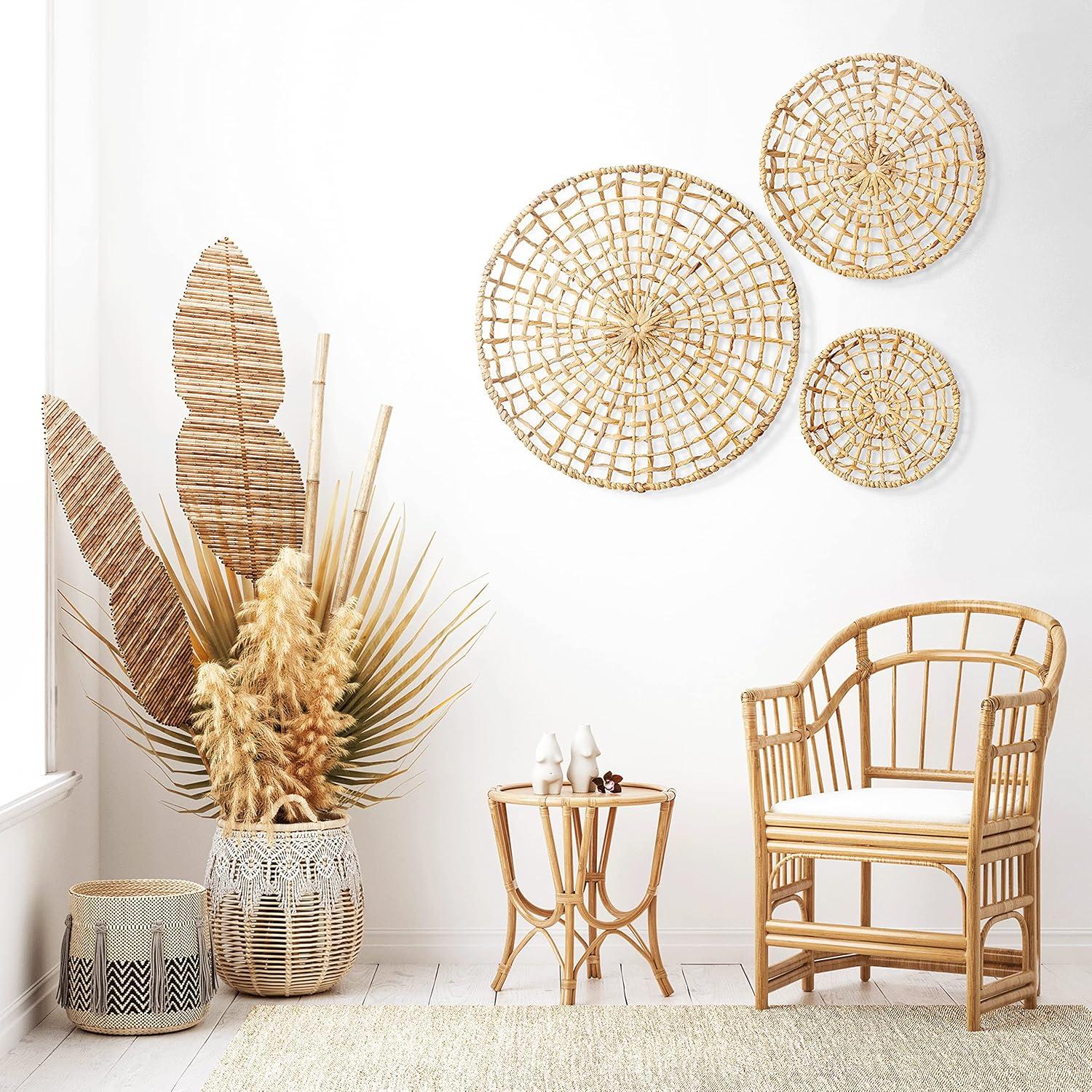 Artera Wicker Wall Basket Décor - Set of 3 Oversized D20" to D10", Natural Hanging Woven Baskets, Round Organic Wall Basket Decor Disks for Living Room or Bedroom, Unique Wall Plaque