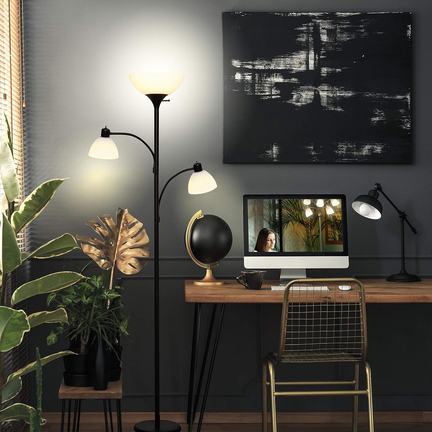 Black Adjustable LED Torchiere Floor Lamp with Reading Lights