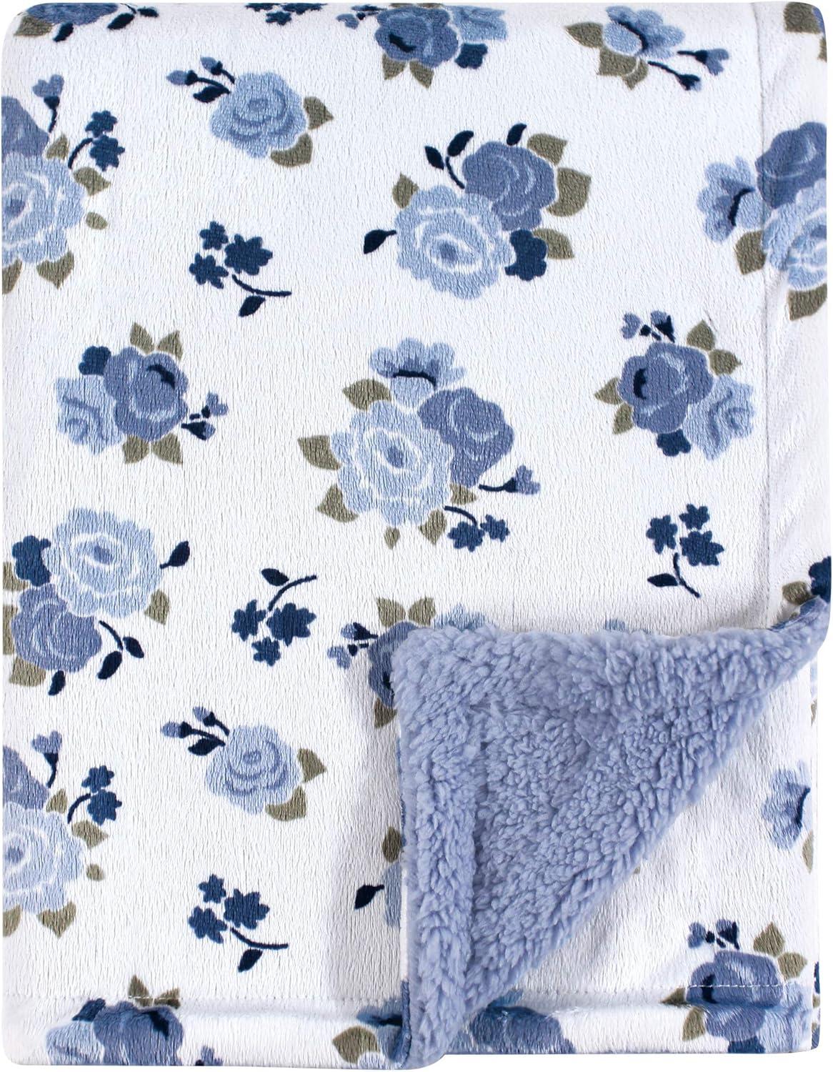 Luvable Friends Baby Girl Plush Blanket with Faux Shearling Back, Blue Floral, One Size
