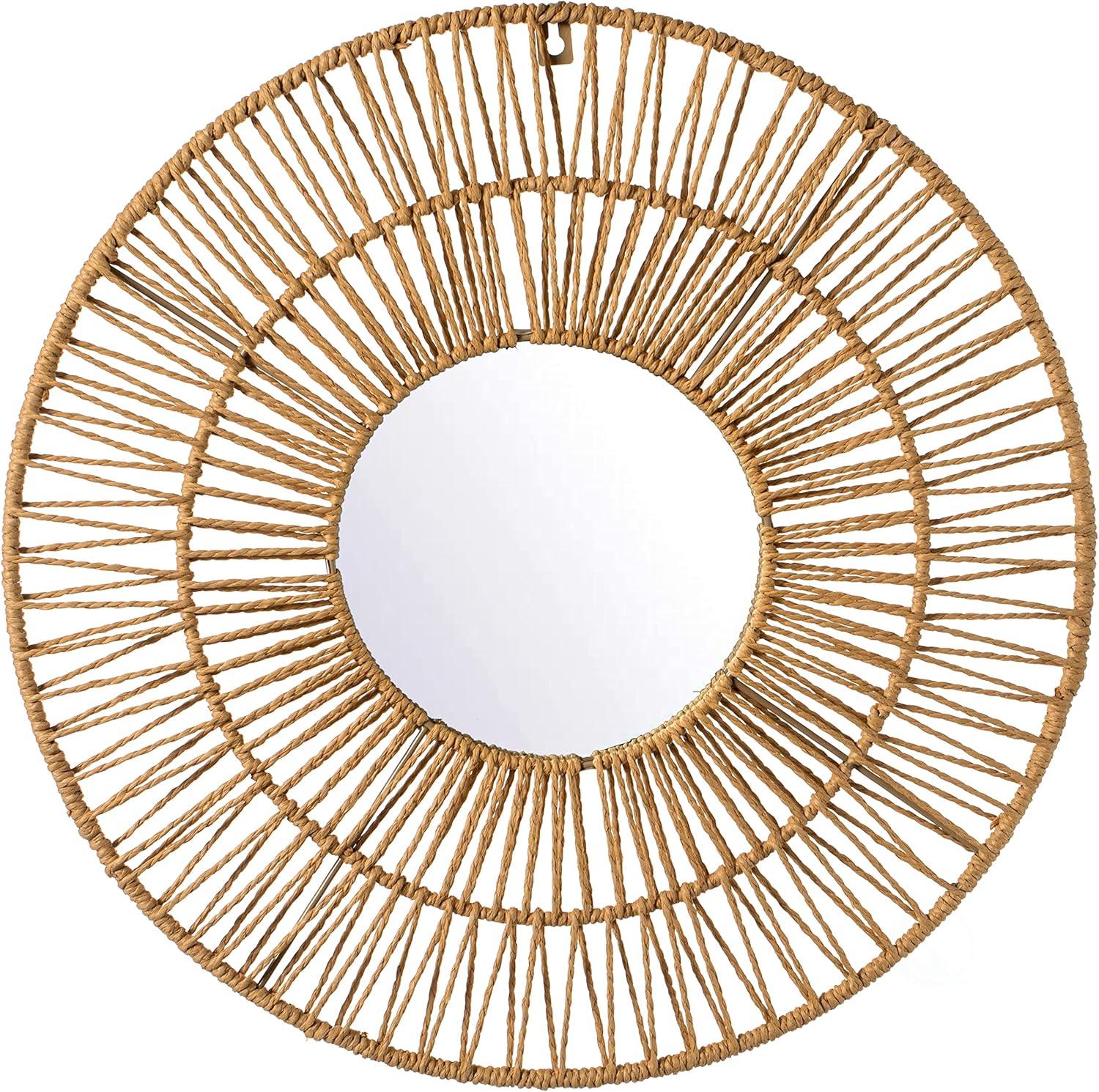 Vintiquewise Decorative Woven Paper Rope Round Shape Bamboo Wood Modern Hanging Wall Mirror