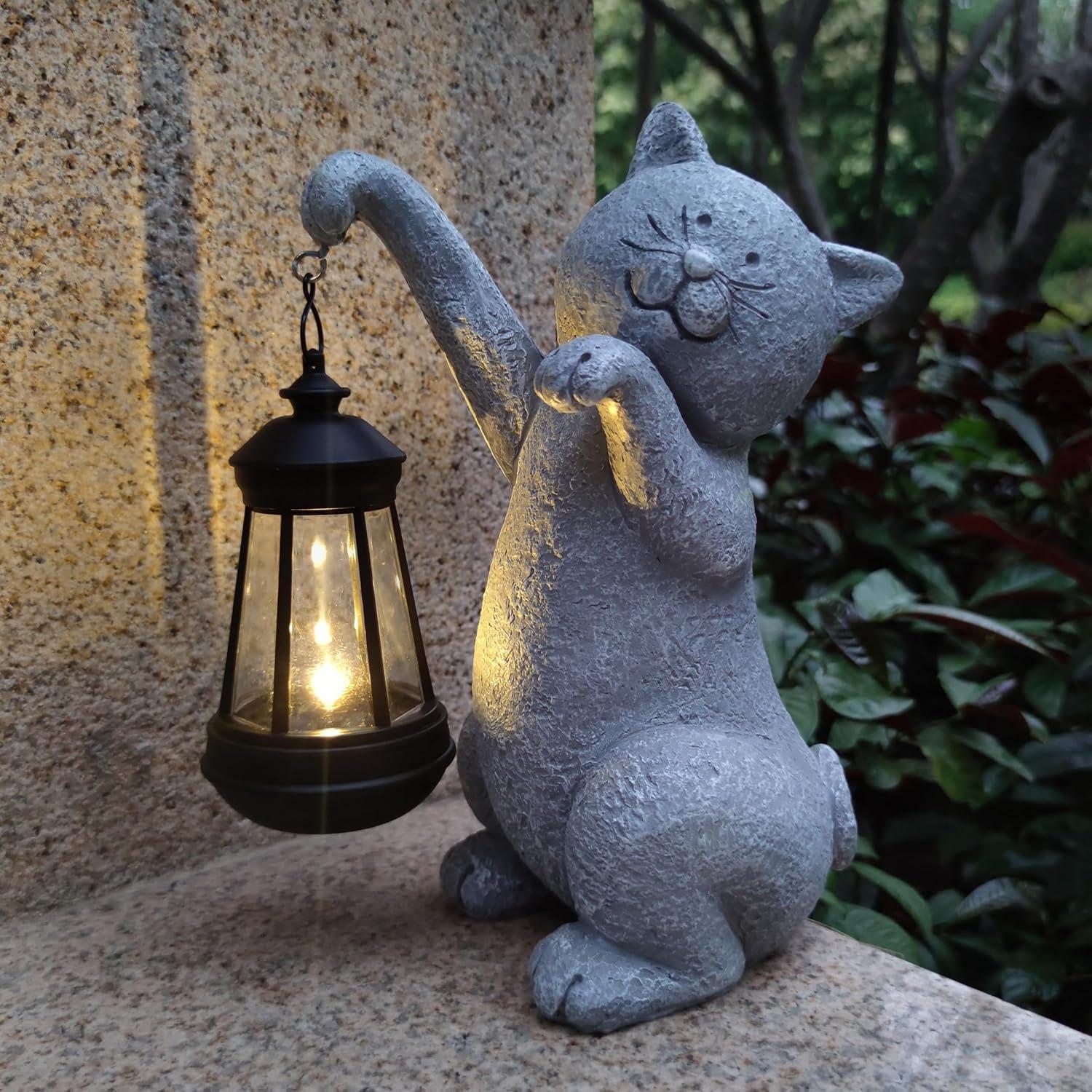 Cat Solar Garden Statues,Resin Cat Figurine Decorations with Solar Lights Lantern, Outdoor，Statue Decor Art for Lawn,Yard,Unique Housewarming Gift for Garden Home