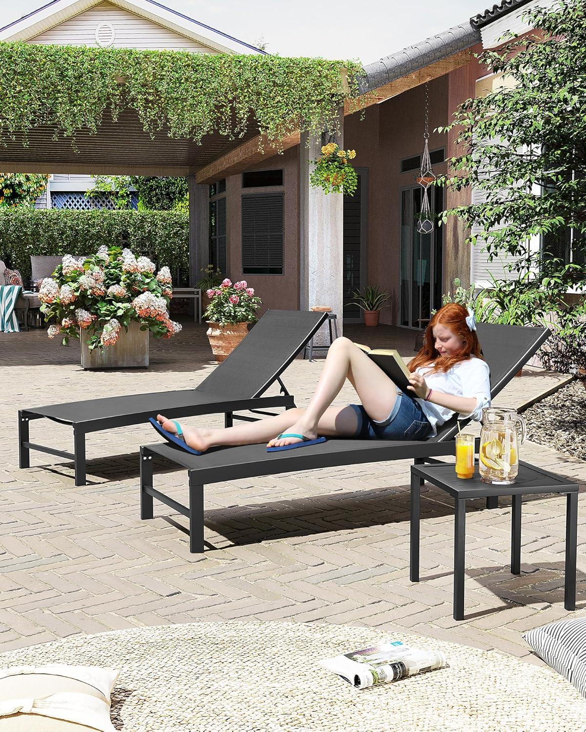 3pc Outdoor Five Position Adjustable Curved Aluminum Lounge Set Brown - Crestlive Products: Weather-Resistant Patio Furniture Set with Side Table