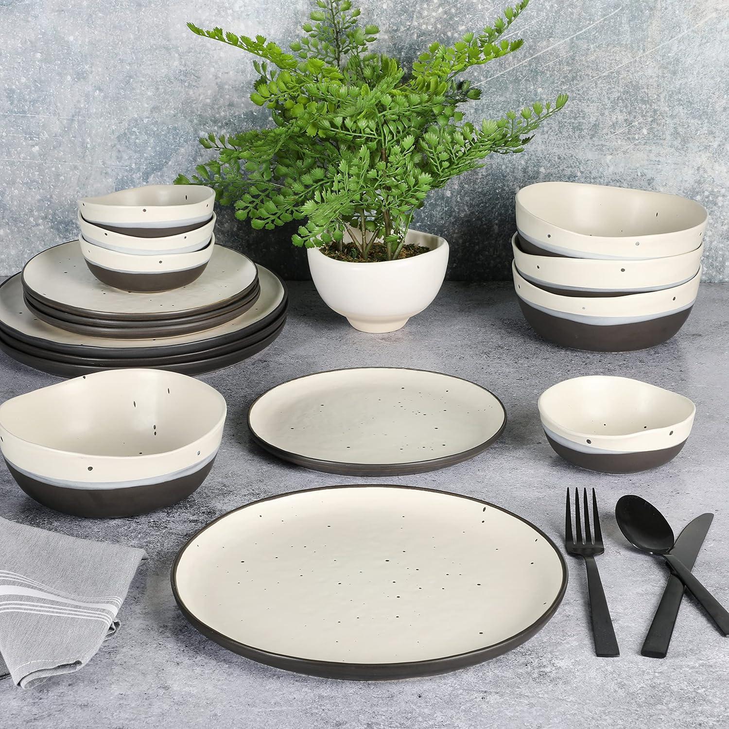 Cream and Gray Ceramic Reactive Glaze Dinnerware Set, Service for 4