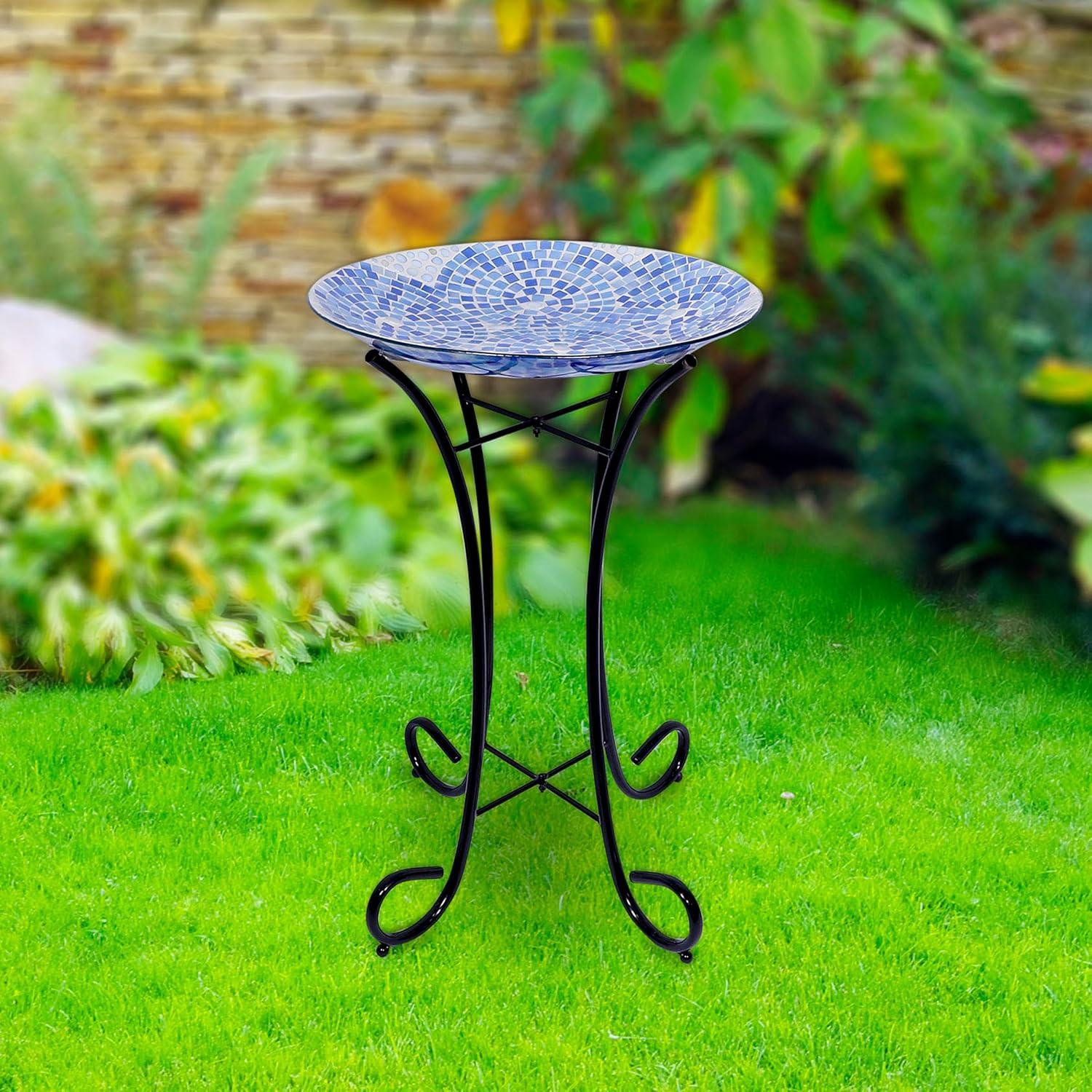 23" Outdoor Mosaic Glass Birdbath Bowl with Metal Stand Blue - Alpine Corporation: Weather-Resistant, Freestanding