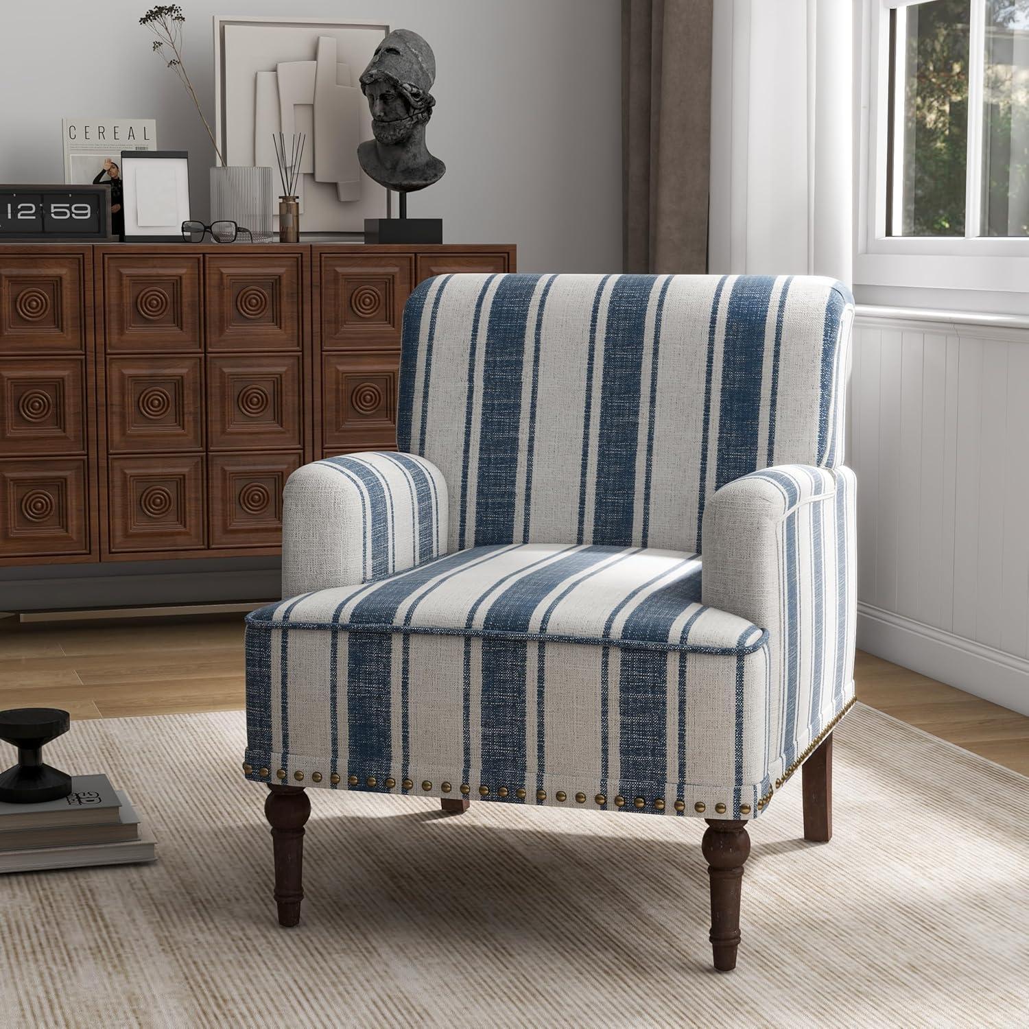 Blue and White Striped Barrel Accent Chair Set with Nailhead Trim