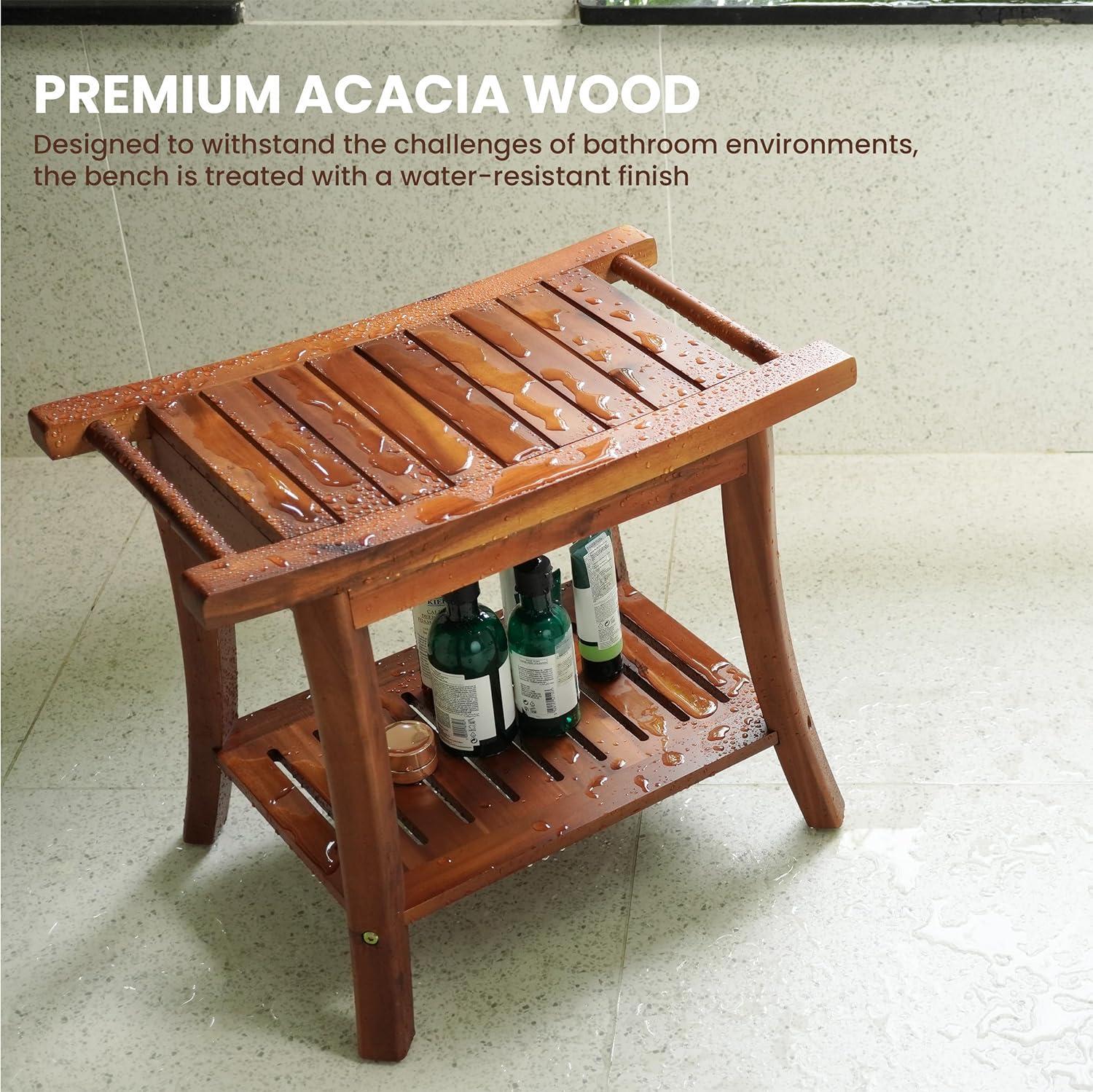 Acacia Wood Shower Benches for Inside Shower - Wooden Shower Stool Waterproof for Shaving Legs - Bench Seat with Storage Towel Shelf for Bathroom - Chair Spa Bath (22" x 13" x 18.6") (Acacia)