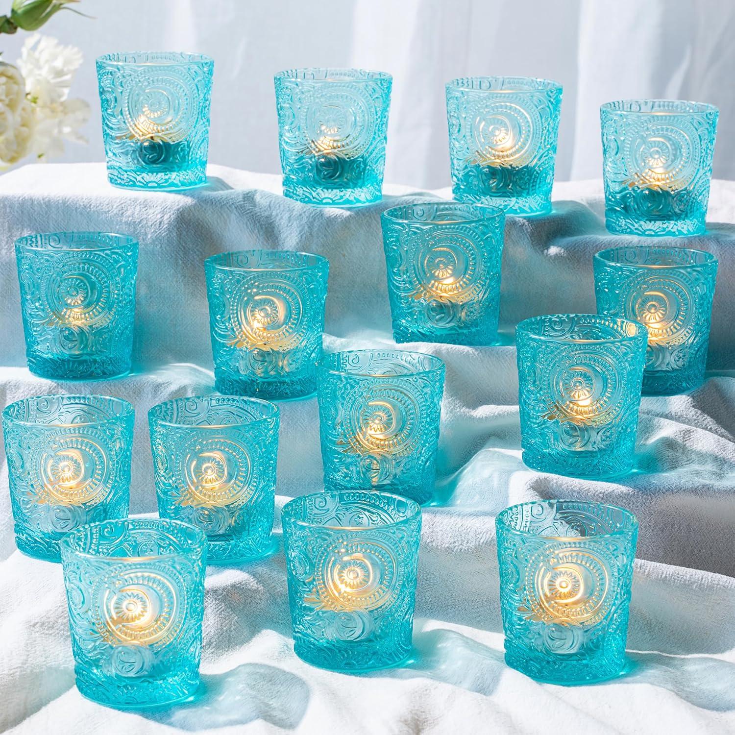 6 Pack Sun Moon Star Embossed Glass Tea Light Candle Holders - Votive Candle Holders for Wedding, Party, Home Decor, and Table Centerpieces (Aqua Blue)