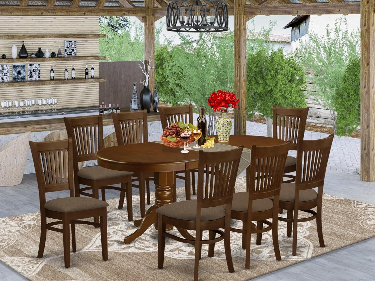 Espresso Oval Double Pedestal Dining Table Set with 8 Brown Linen Chairs