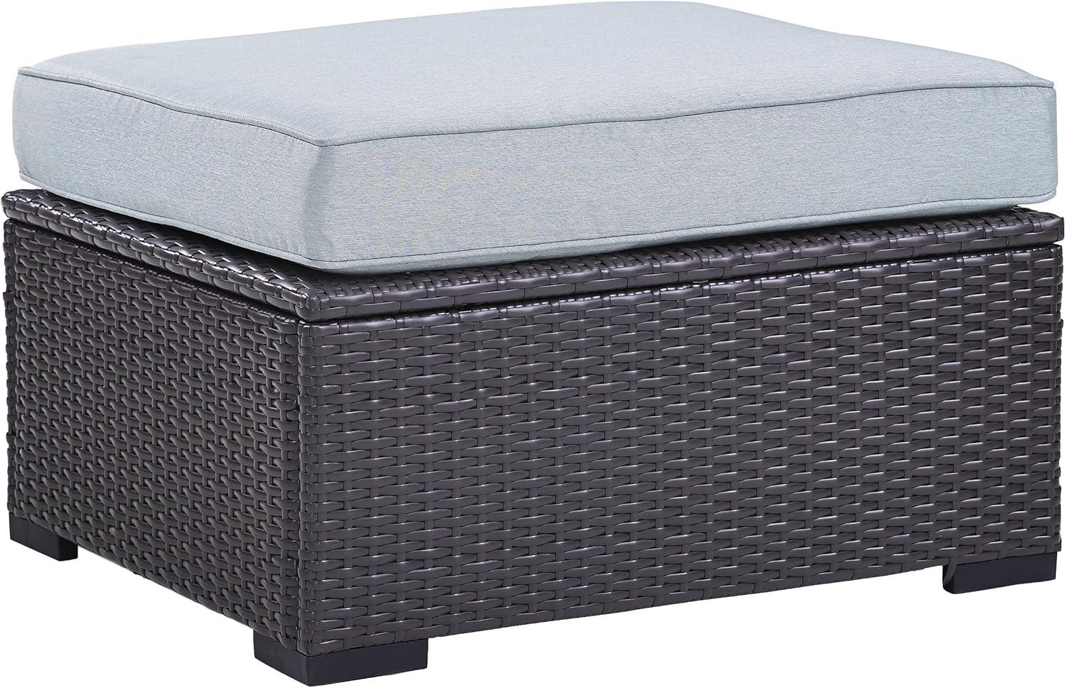 Biscayne Ottoman with Mist Cushions - Brown/Mist - Crosley: Wicker Patio Footrest, UV-Resistant, Polyurethane Foam Fill