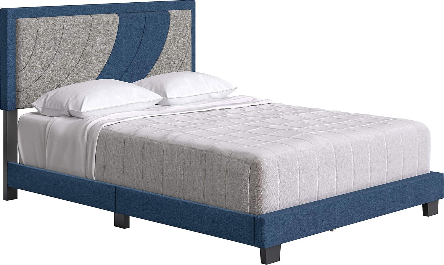 King Blue and Gray Linen Upholstered Platform Bed with Tufted Headboard