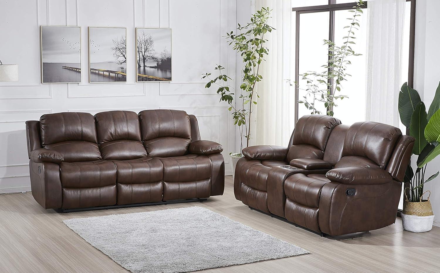 Brown Bonded Leather Reclining Sofa and Loveseat Set