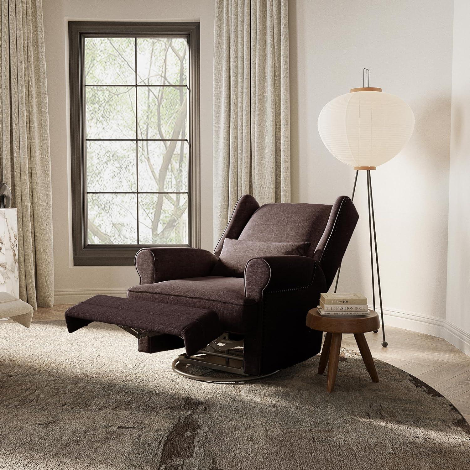 RoyalCraft Swivel Recliner Chair, Comfy Glider Rocking Chairs with Lumbar Pillow and Footrest, Upholstered Swivel Rocking Chair for Bedroom,Nursery,Brown