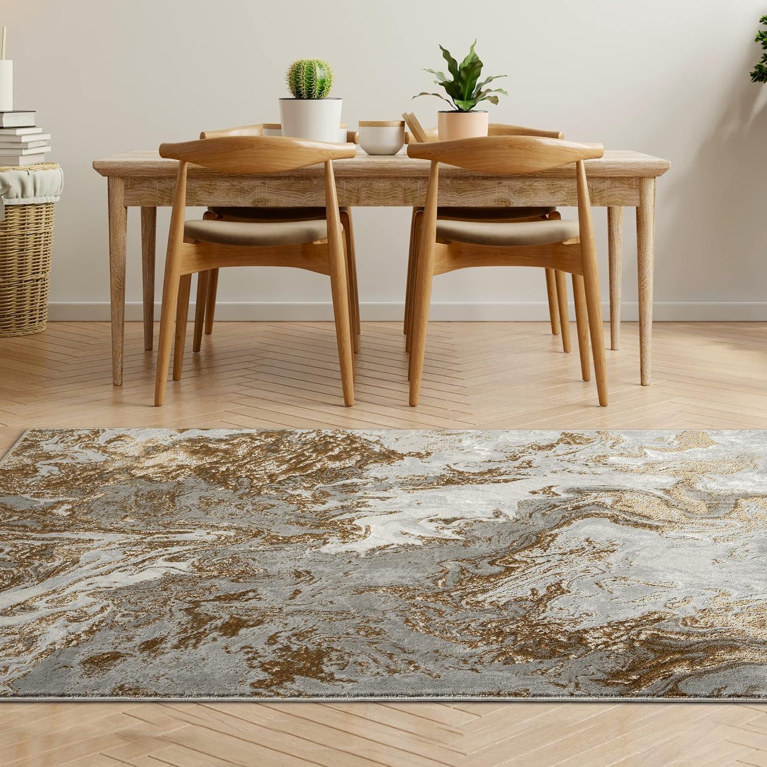 Gray and Gold Abstract Marble Swirl 8' x 10' Area Rug