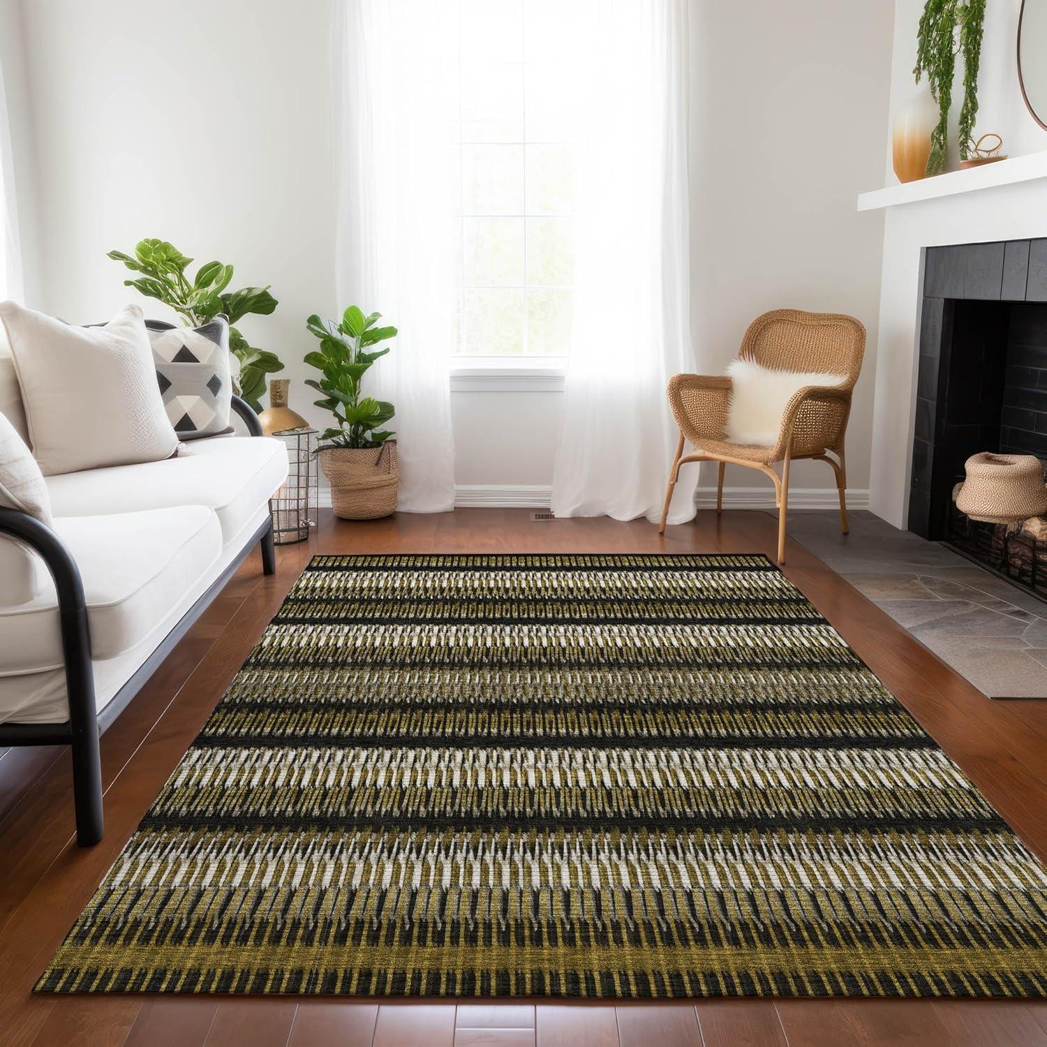 Brown and Black Striped Synthetic Washable 3' x 5' Area Rug