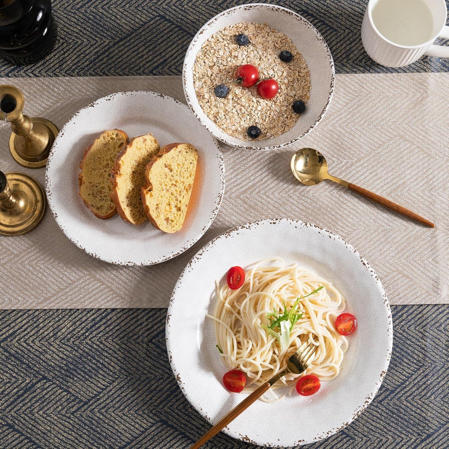 Rustic White Melamine Pasta Bowls, 6 Pack 9.25 inch Serving Bowls, Wide and Shallow All-purpose Bowl, Unbreakable Kitchen Bowls for Salad, Pasta, Ramen, Soup, Noodle, Fruit. Dishwasher Safe…