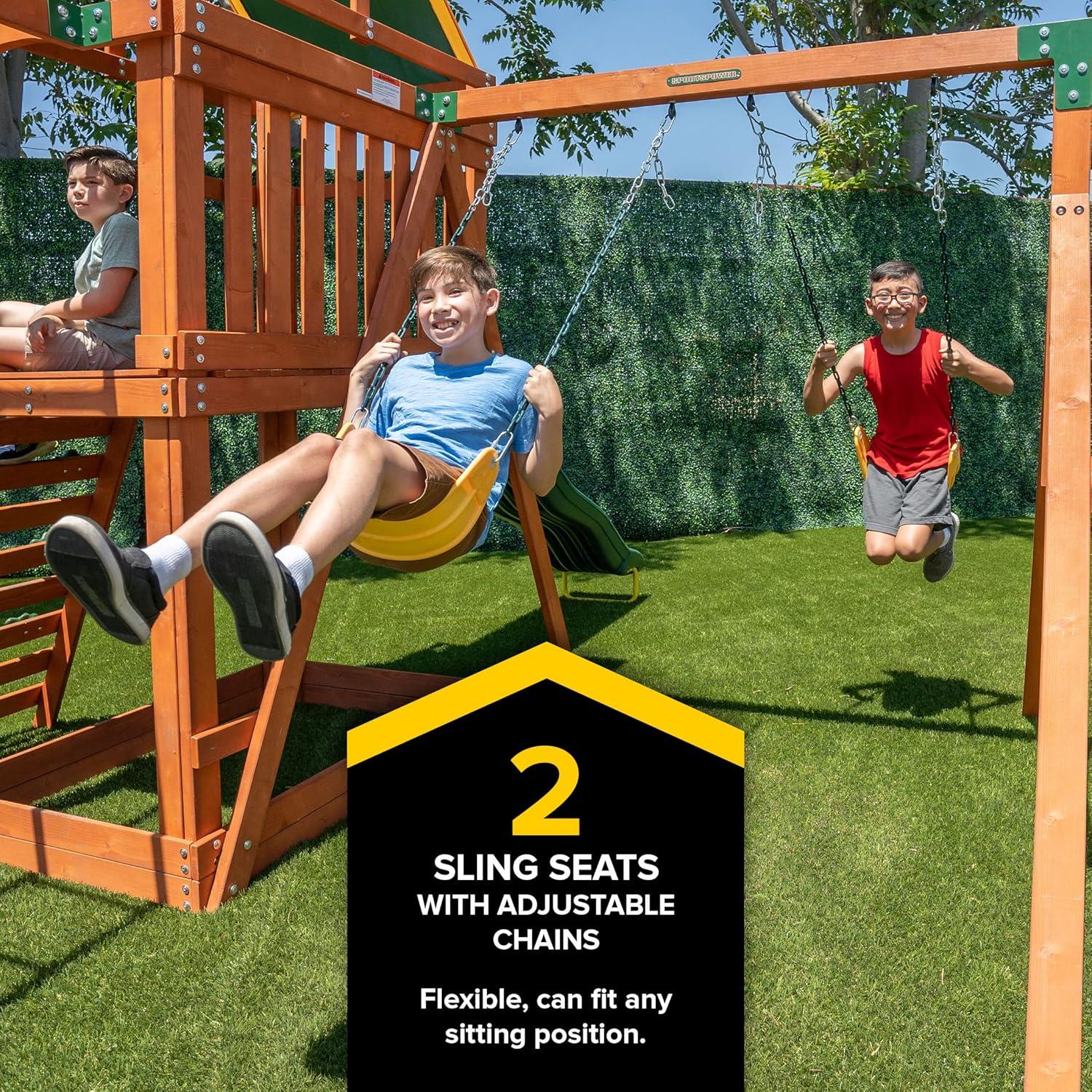 Olympia Natural Wood Swing Set with Green Slide and Fort