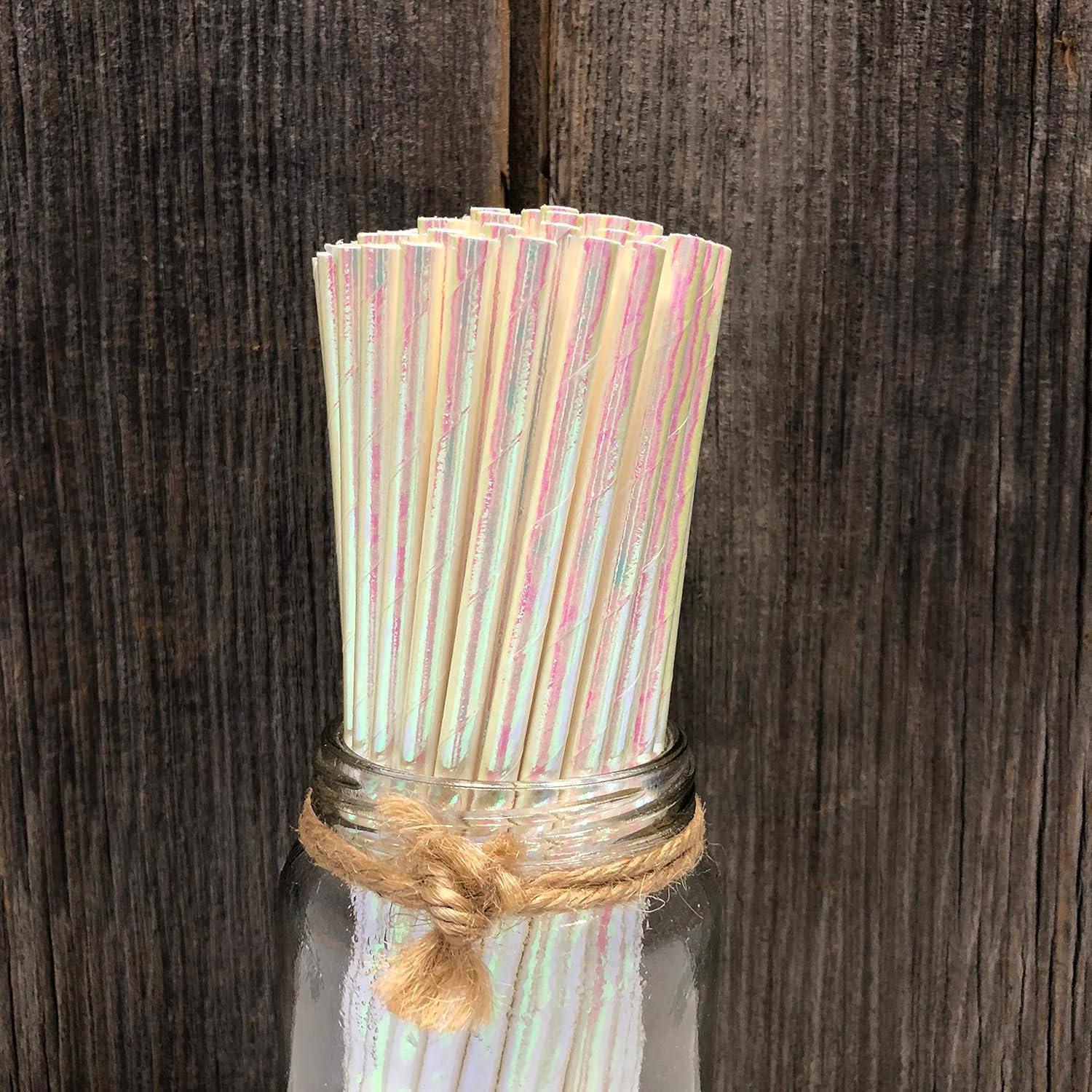 100 White Iridescent Paper Straws