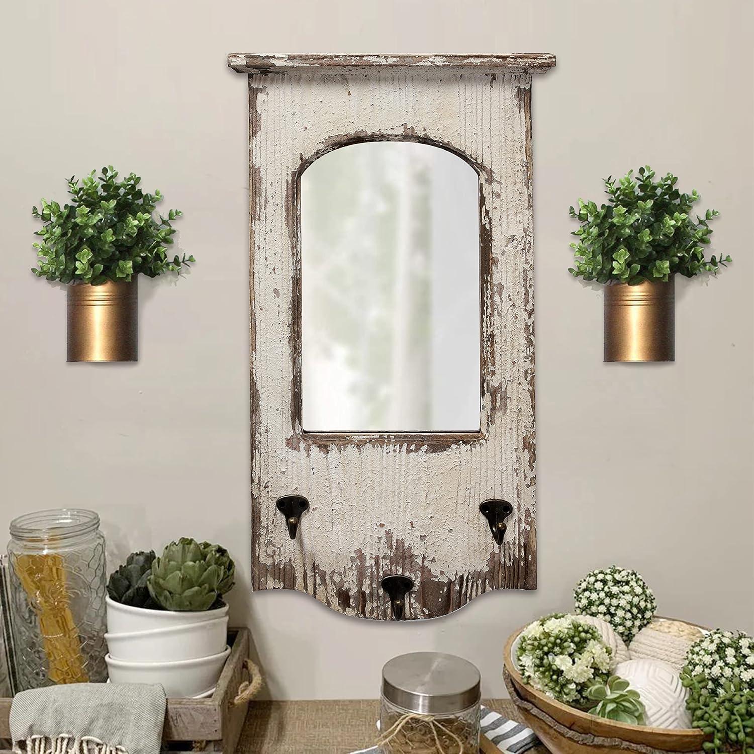 Distressed White Arched Wood Wall Mirror with Hooks