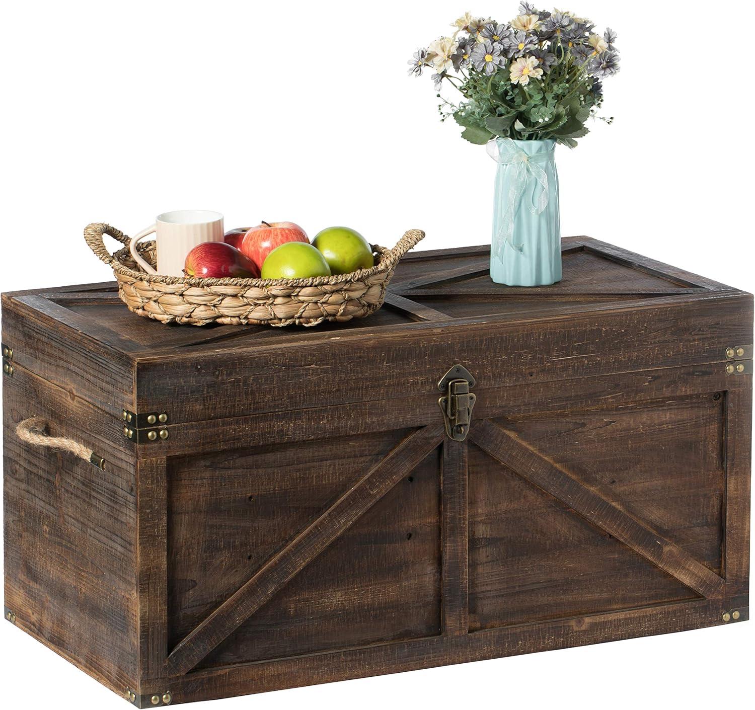 Vintiquewise Vintiquewise Brown Large Wooden Lockable Trunk Farmhouse Style Rustic Design Lined Storage Chest with Rope Handles