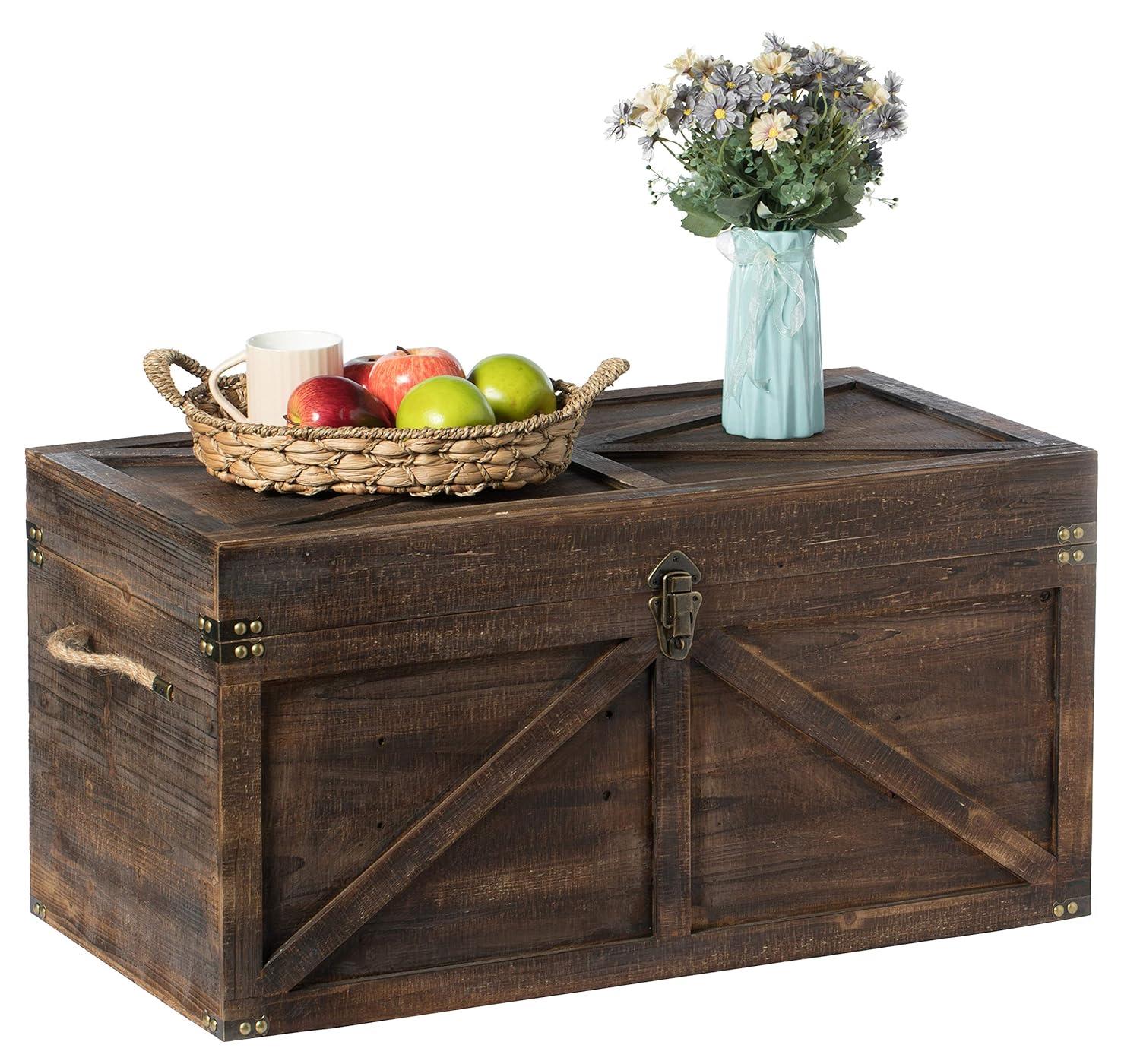 Vintiquewise Vintiquewise Brown Large Wooden Lockable Trunk Farmhouse Style Rustic Design Lined Storage Chest with Rope Handles