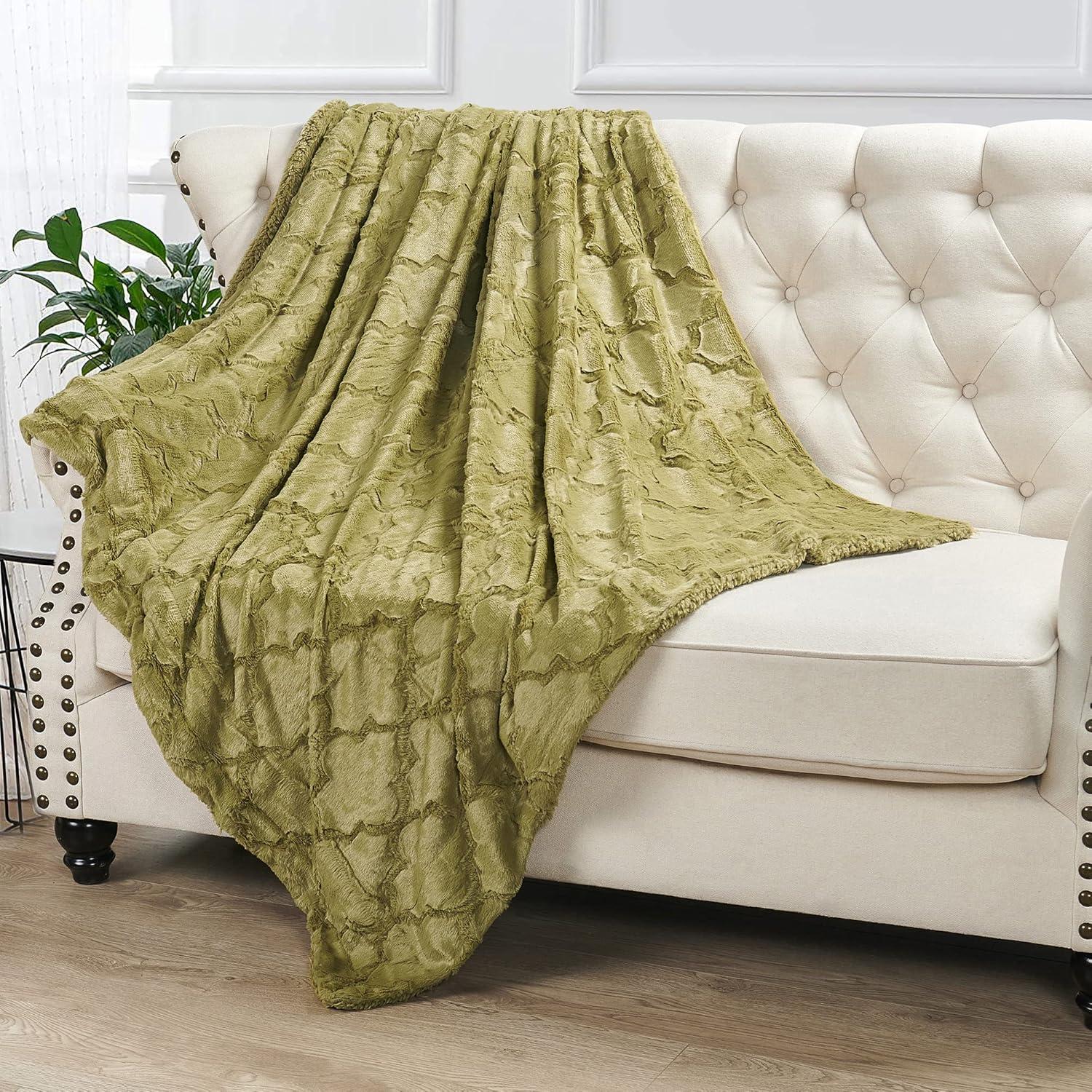 Home Soft Things Ashley Brushed Faux Fur Throw Blanket with Sherpa Back Soft Cozy Fluffy Fluzzy Lightweight Throw - Khaki - 50" x 60"