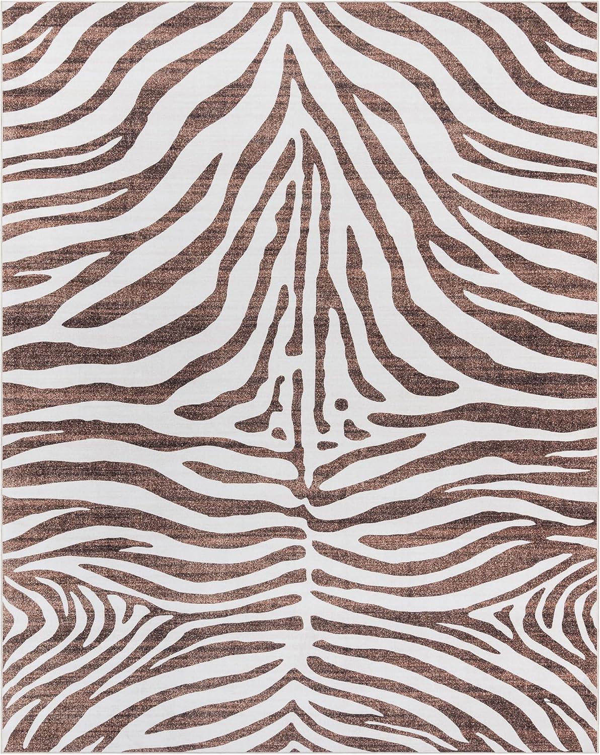 Gertmenian Crystal Print Zebra Modern Animal Print Brown Cream Washable Flat Pile Indoor Area Rug
