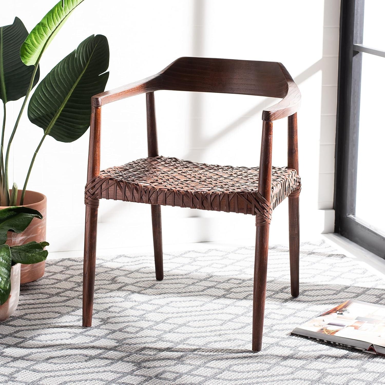 Walnut-Cognac Mid-Century Leather Woven Accent Chair