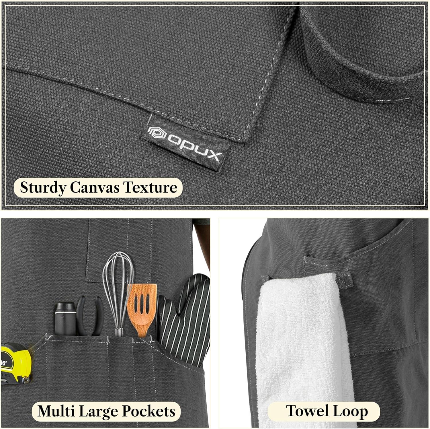 OPUX Chef Apron for Men, Kitchen Apron with Pockets for Women, Large Unisex Canvas Apron for Cooking Grilling BBQ Baking. (Grey)