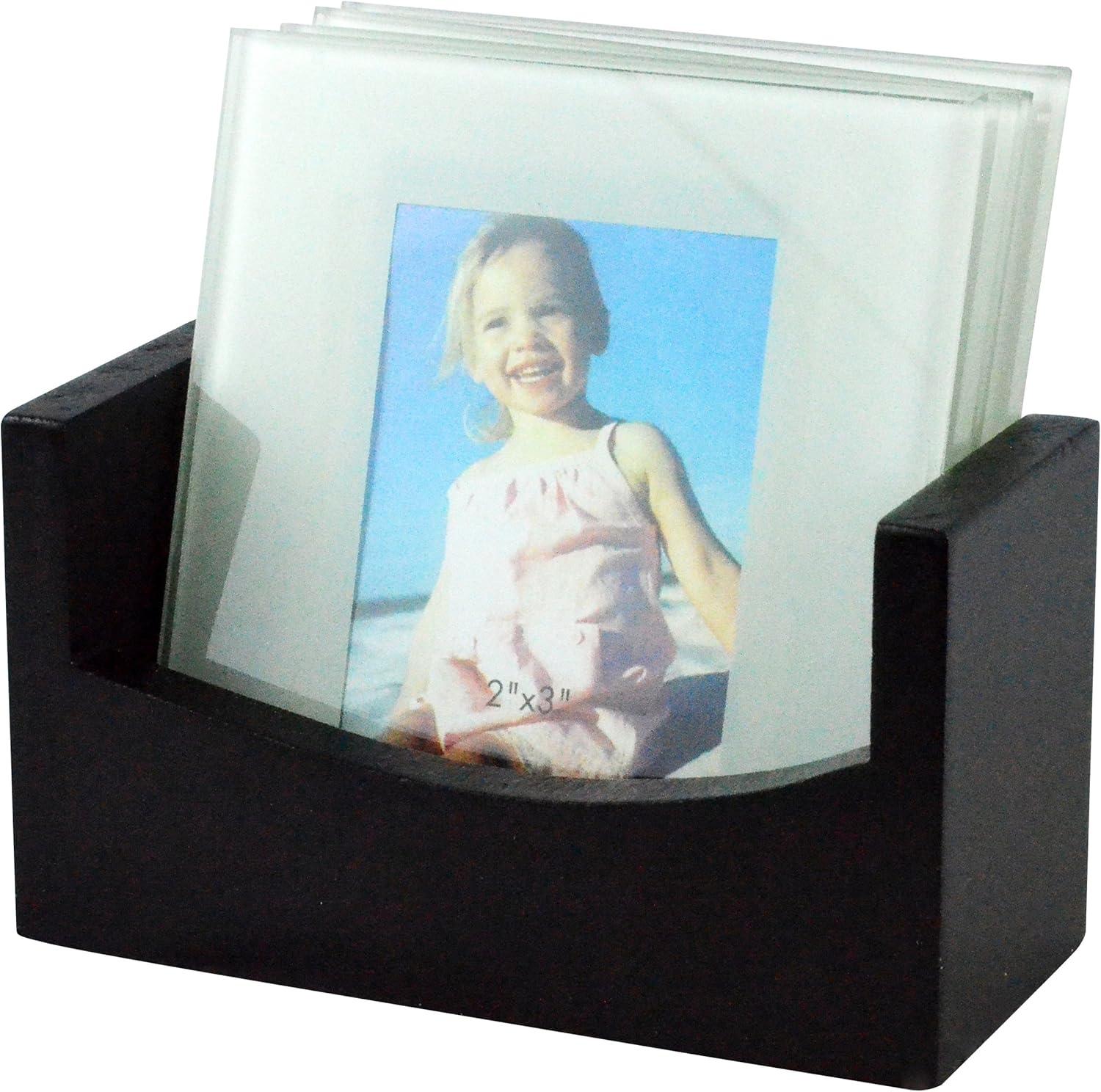 Glass Photo Frame Coasters with Wooden Rack – Customizable 2x3 Coasters, Set of 4 for Personalized Gifts & Home Décor