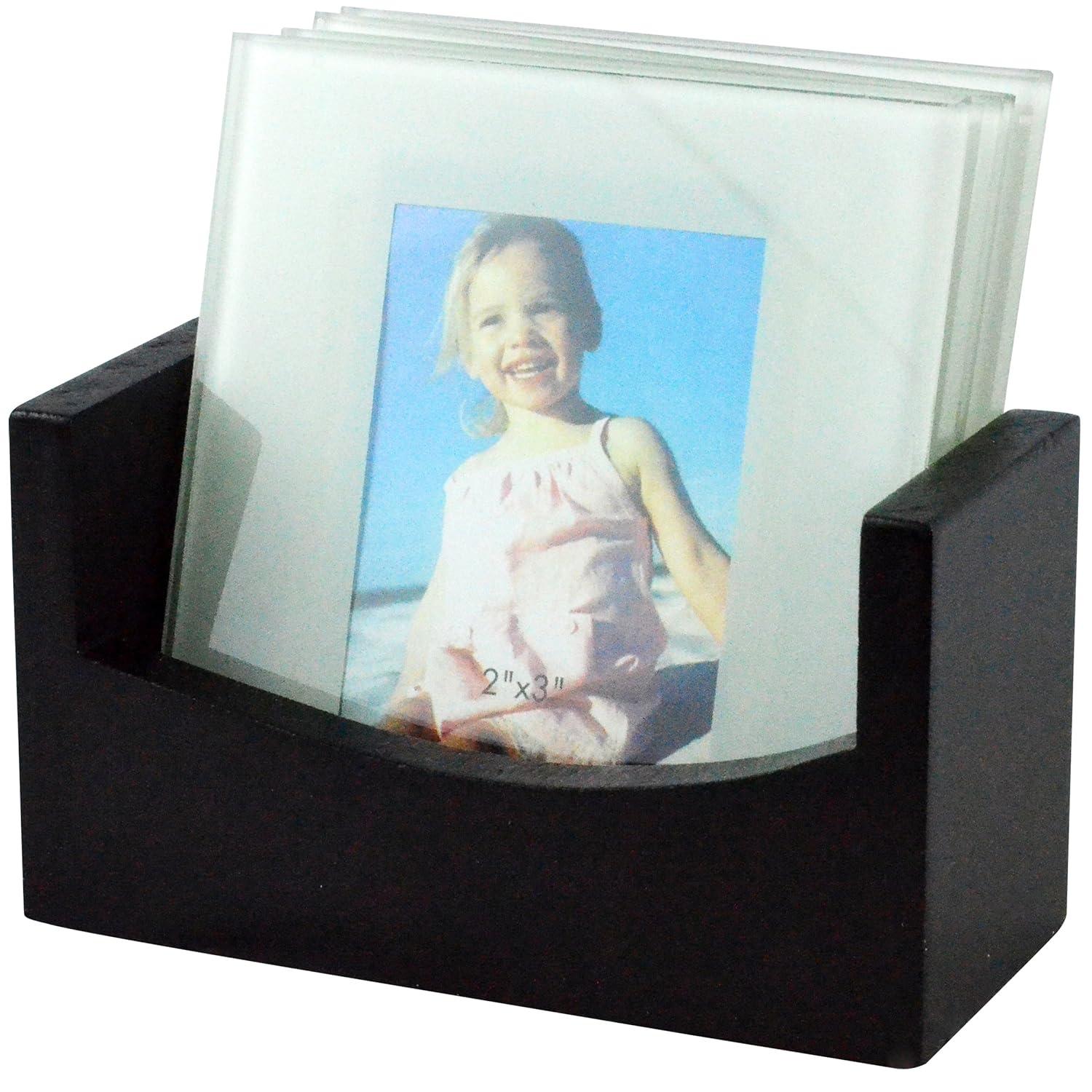 Glass Photo Frame Coasters with Wooden Rack – Customizable 2x3 Coasters, Set of 4 for Personalized Gifts & Home Décor