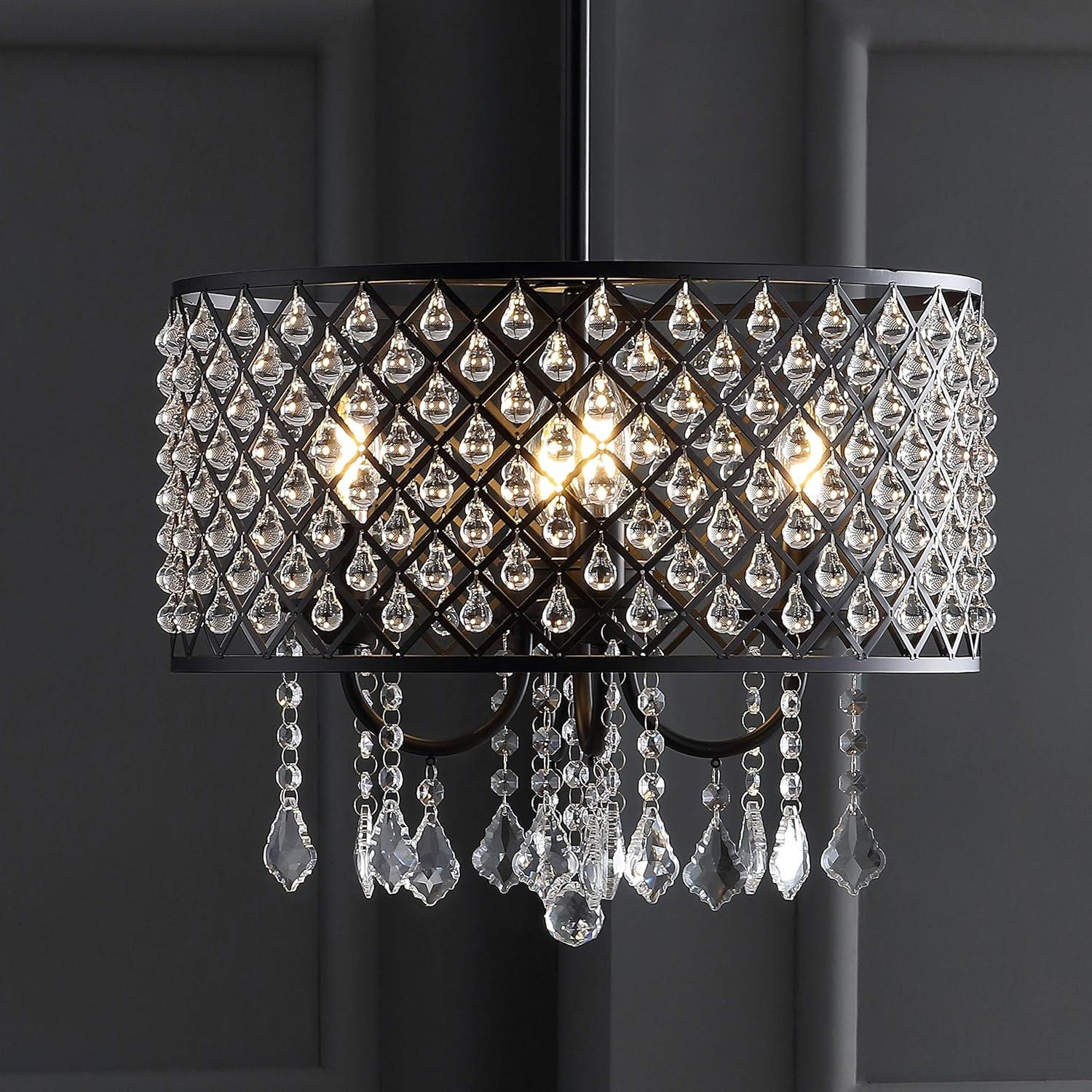 Gigi 17" Metal/Crystal Adjustable LED Drop Chandelier, Black/Clear