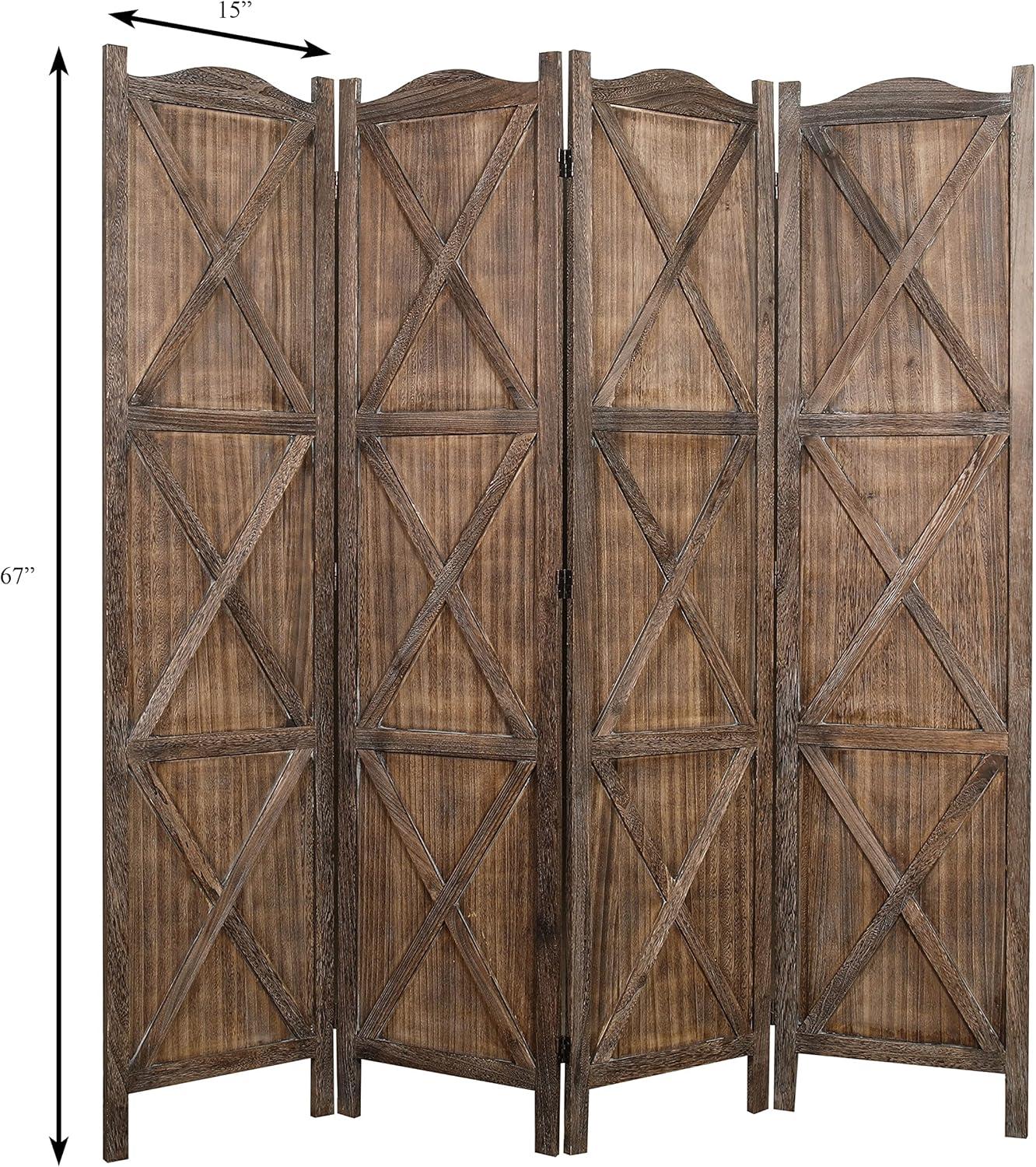 Rancho Barn 4 Panel Room Divider with Folding Screen Room Partition Paulownia Wood Brown - Proman Products: Vintage Farmhouse Style