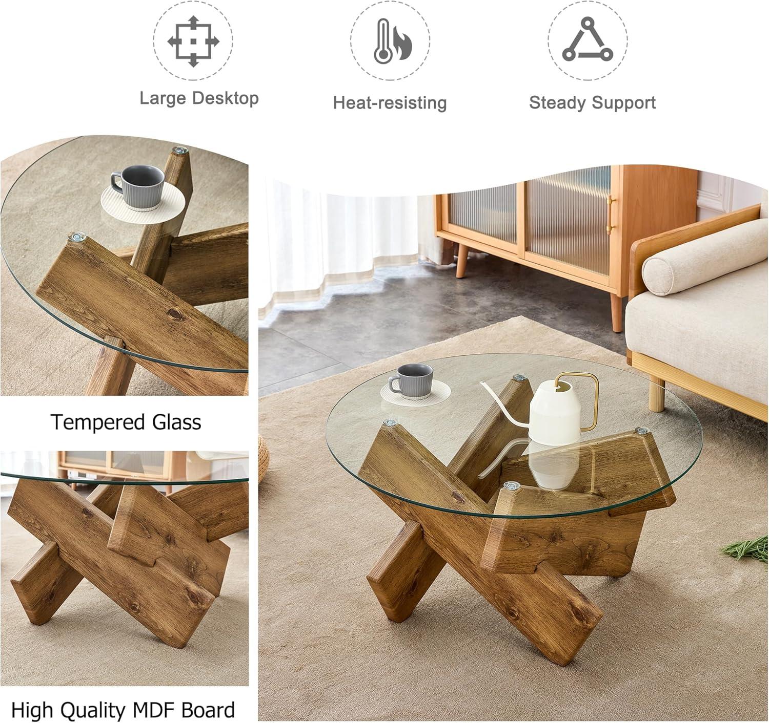 PAPROOS Round Coffee Table for Living Room, Modern Small Coffee Table with Tempered Glass Countertop and Patterned MDF Legs, Enter Table Side Table Glass Coffee Table, Easy Assembly, Natural Wood