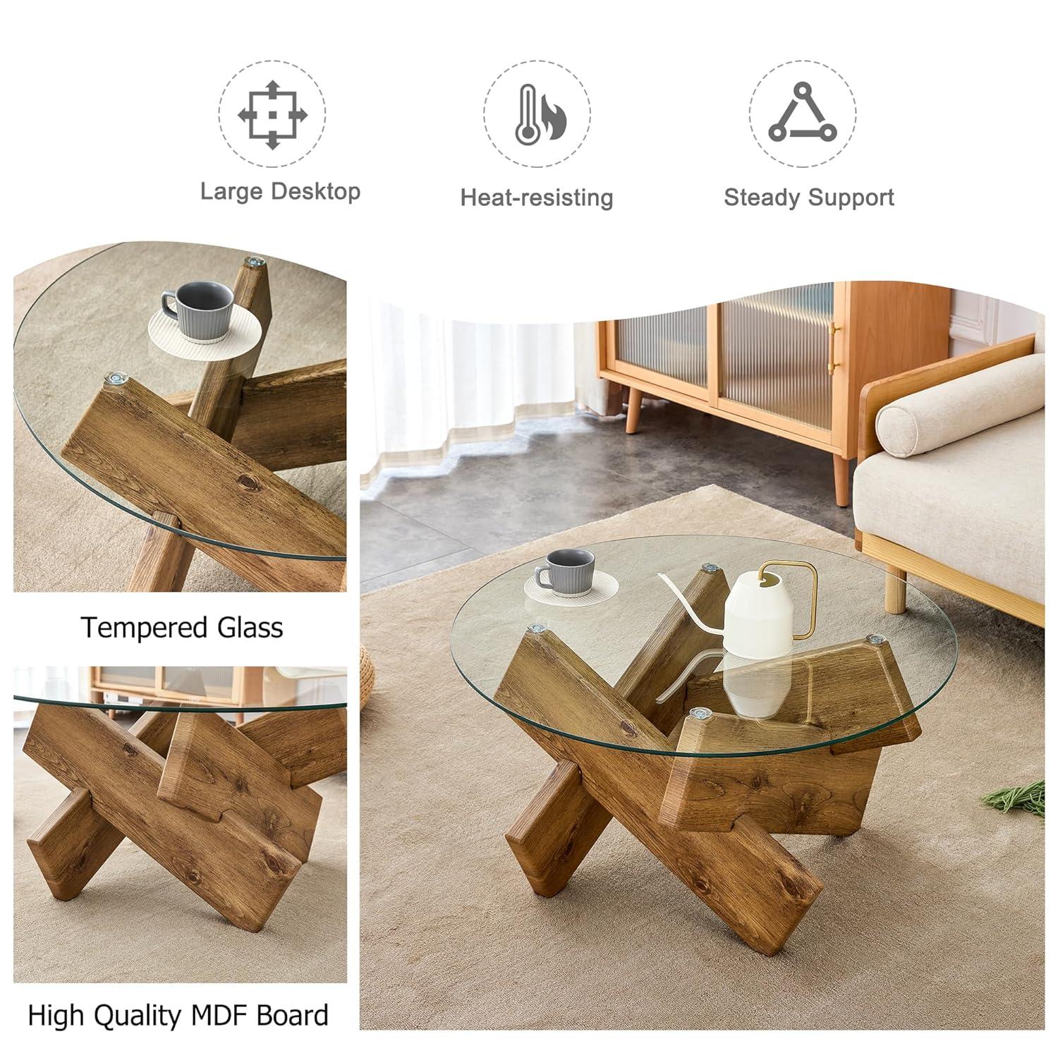 PAPROOS Round Coffee Table for Living Room, Modern Small Coffee Table with Tempered Glass Countertop and Patterned MDF Legs, Enter Table Side Table Glass Coffee Table, Easy Assembly, Natural Wood