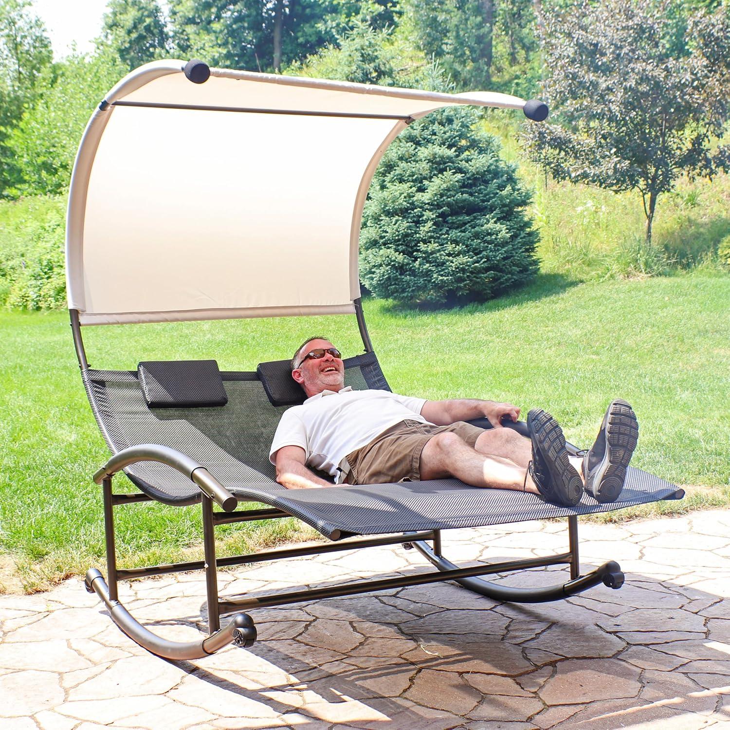 Sunnydaze Outdoor Double Chaise Lounge Bed with Canopy Shade and Headrest Pillows, Black