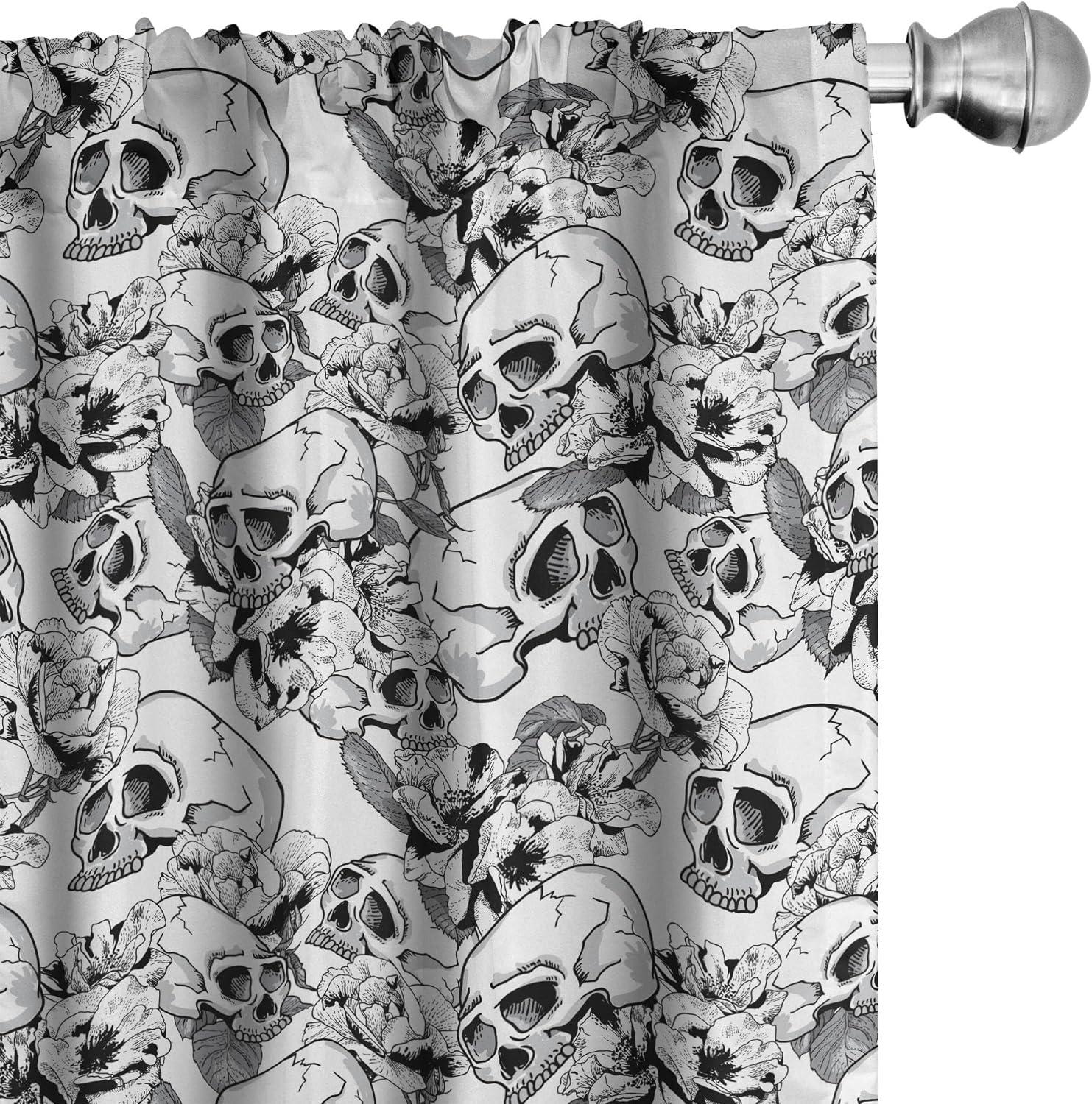 Ambesonne Celebration Curtains, Sketch Dead Skull, Pair of 28"x84", Black and White