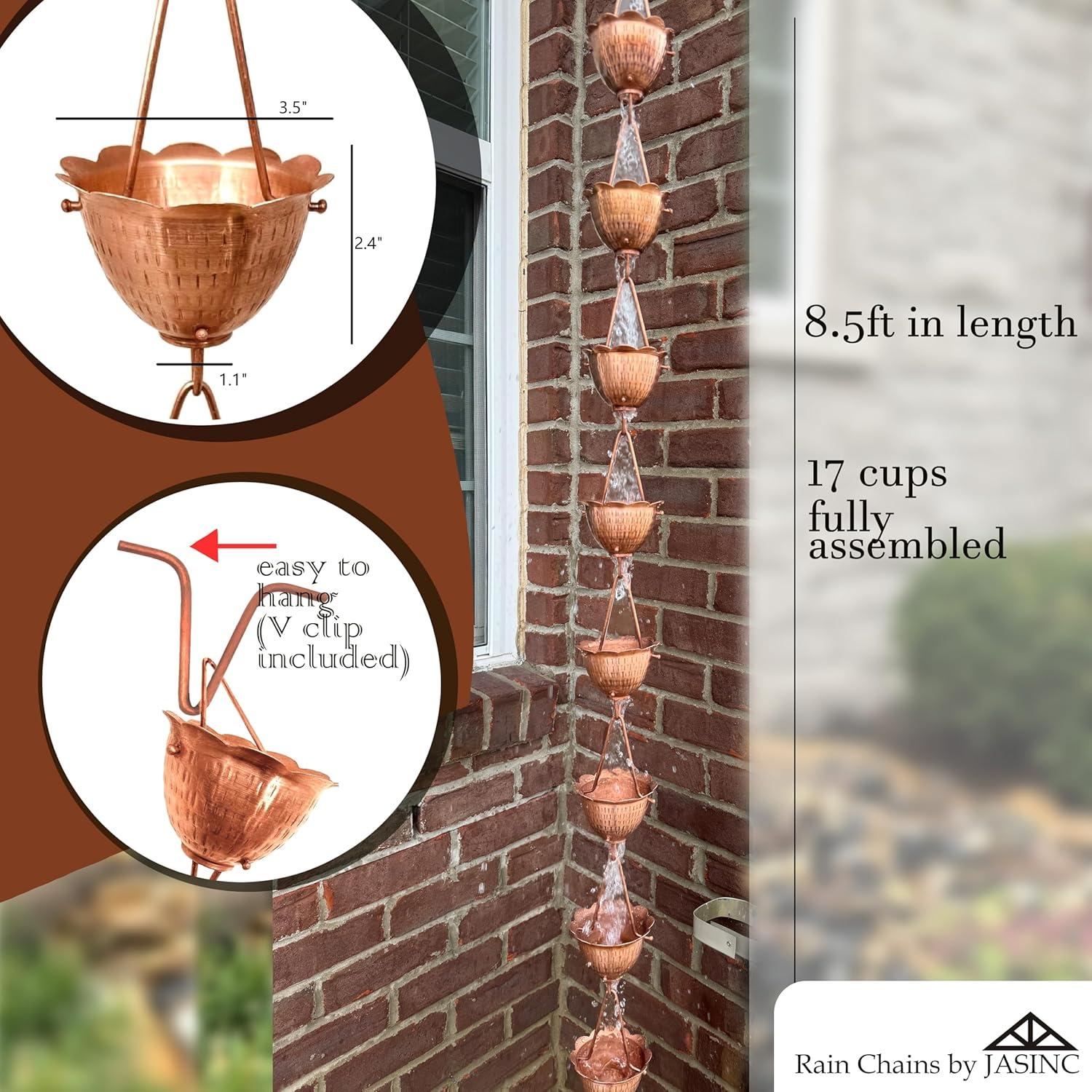 Rain Chains by JASINC 8.5 ft Luca Rain Chain Copper, Water Diverter, JAS3009C