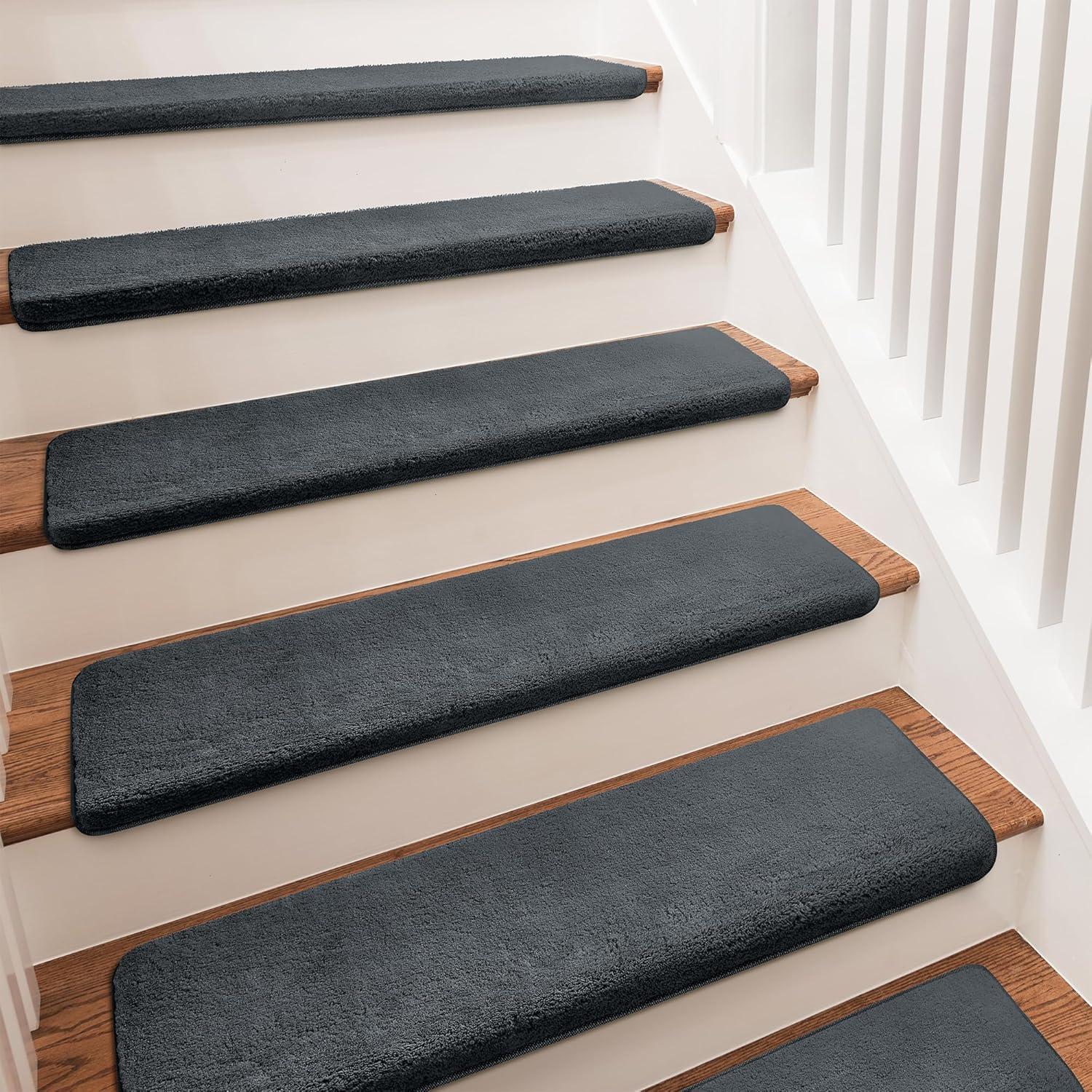 PURE ERA Non-Slip Ultra Plush Soft Bullnose Carpet Stair Treads Set of 14 Tape Free Washable Self Adhesive Dark Grey 9.5" x 30"x1.2"