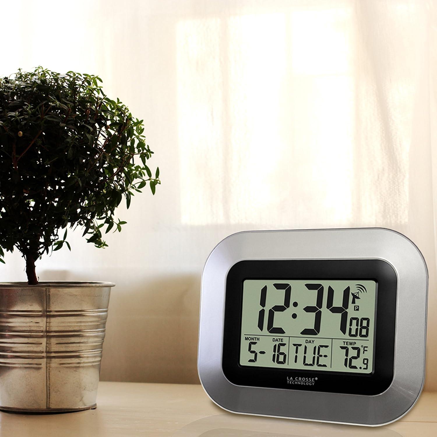 WT-8005U-S Atomic Digital Wall Clock with Indoor Temperature and Date