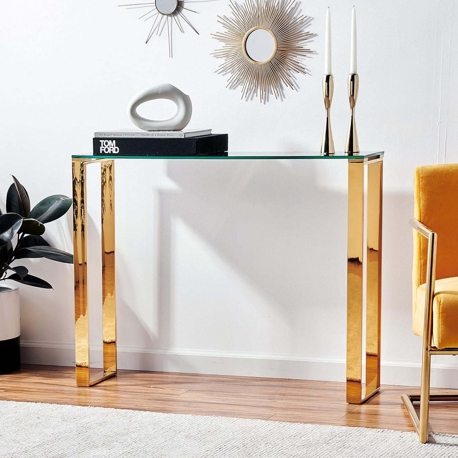 Cortesi Home  Black and Gold Glass Remini Narrow Console Table