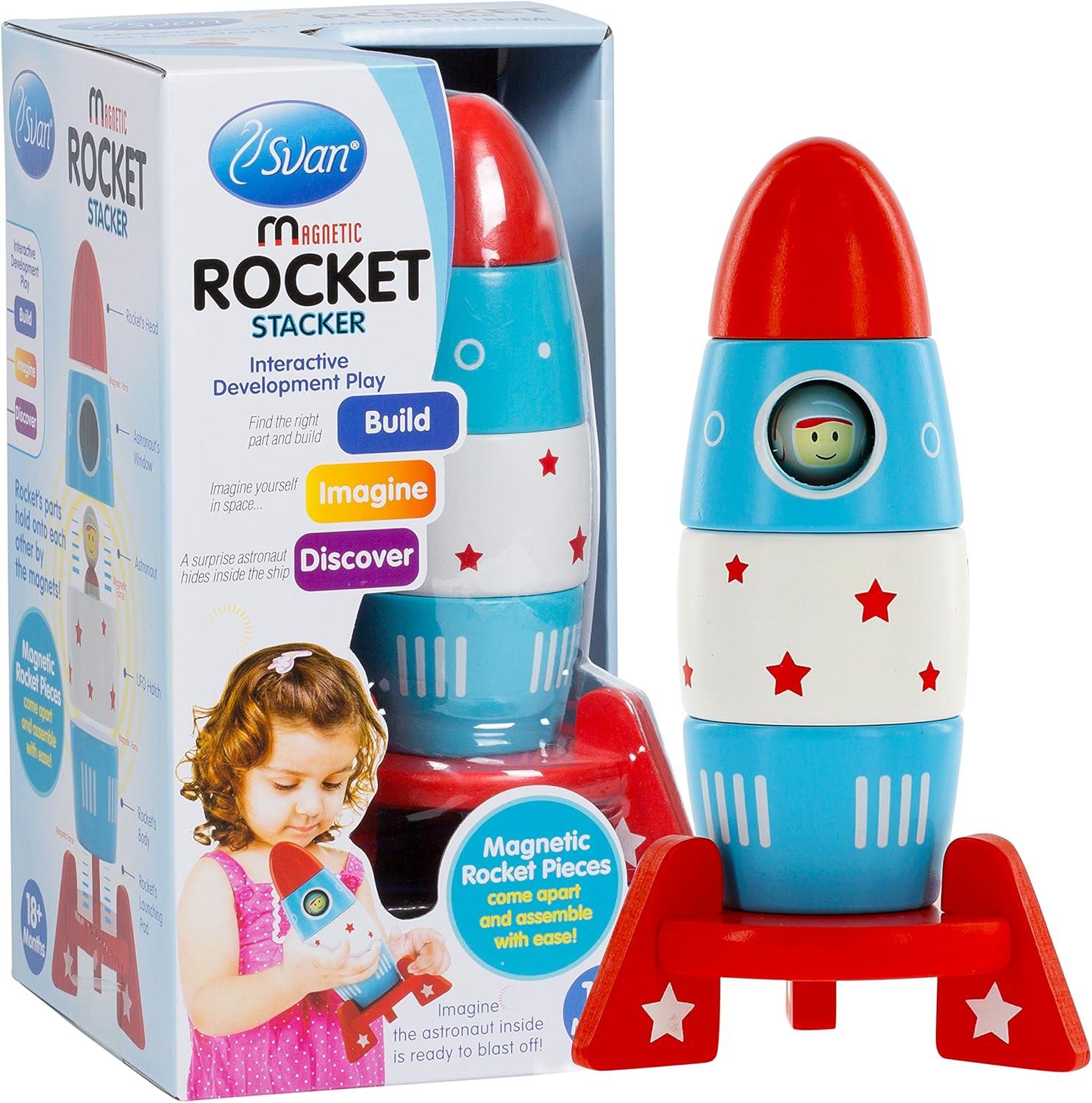 Svan Wooden Stacker Toy Space Rocket- 6 Magnetic Stacking Pieces-Building Set with Surprise Astronaut Inside, Hands On Game for Kids, Interactive Play