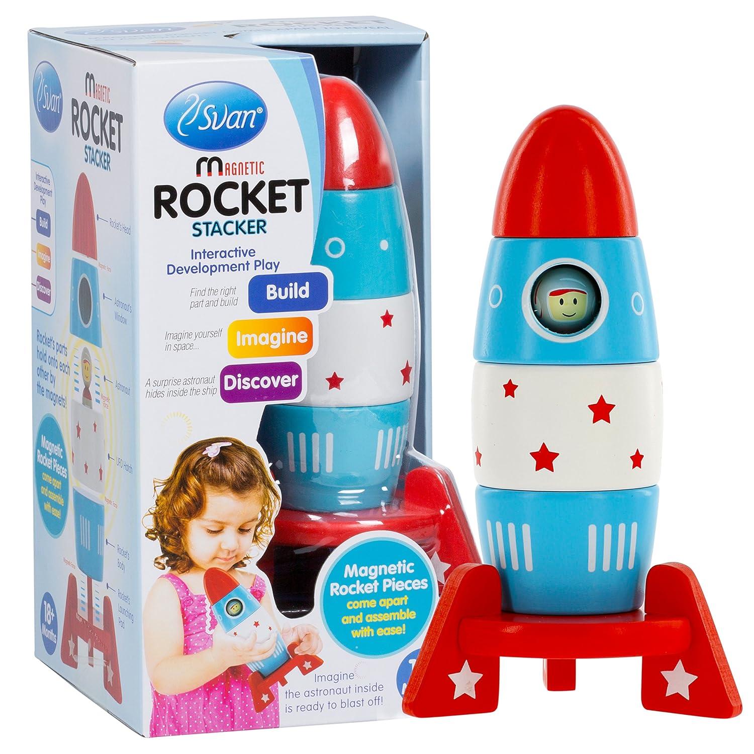 Svan Wooden Stacker Toy Space Rocket- 6 Magnetic Stacking Pieces-Building Set with Surprise Astronaut Inside, Hands On Game for Kids, Interactive Play